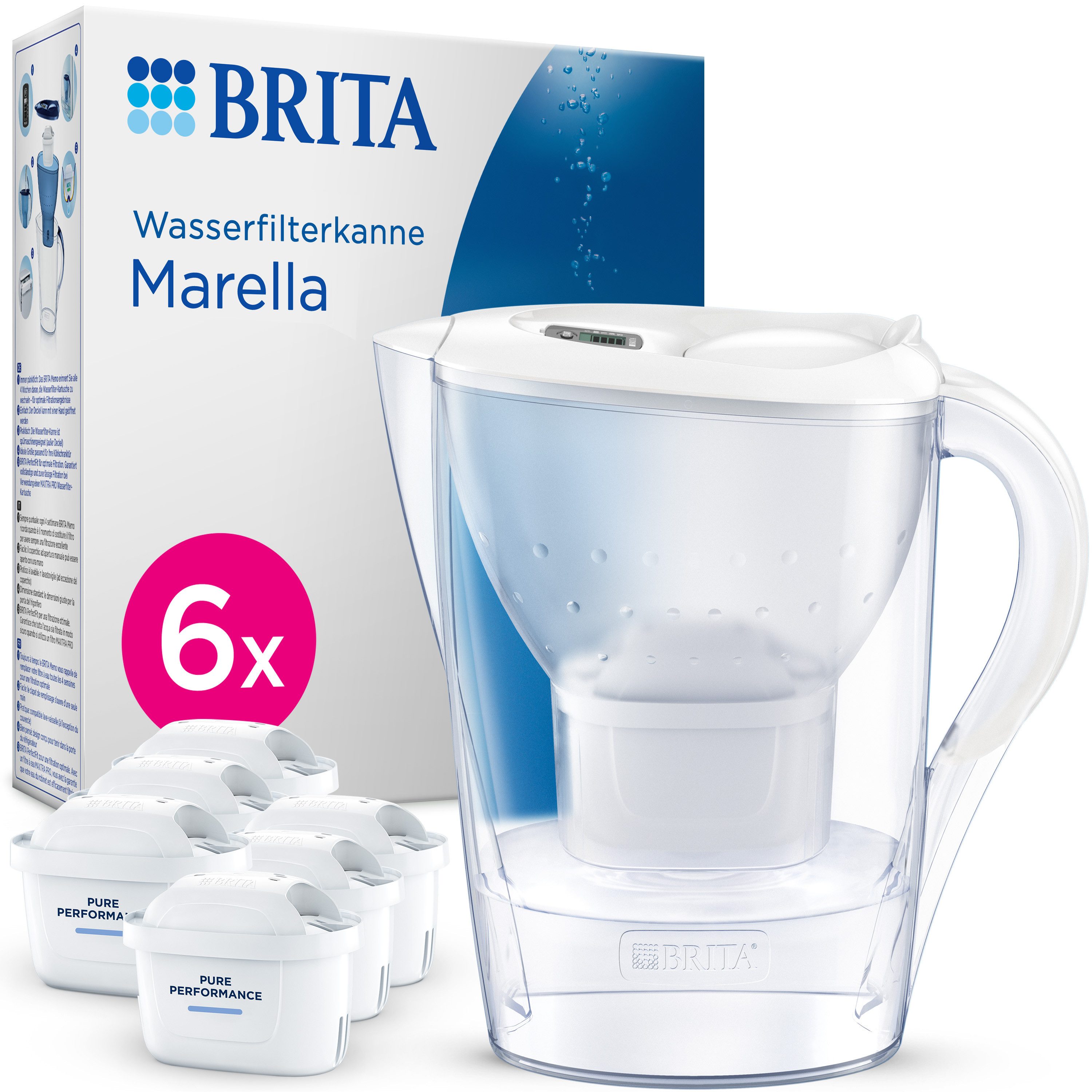 BRITA Wasserfilter Kanne MAXTRA Marella weiß inkl. 6x Pure Performance Kartusche, Passt in Kühlschrank, Filterwechselanzeige, reduziert PFAS, Kalk etc.