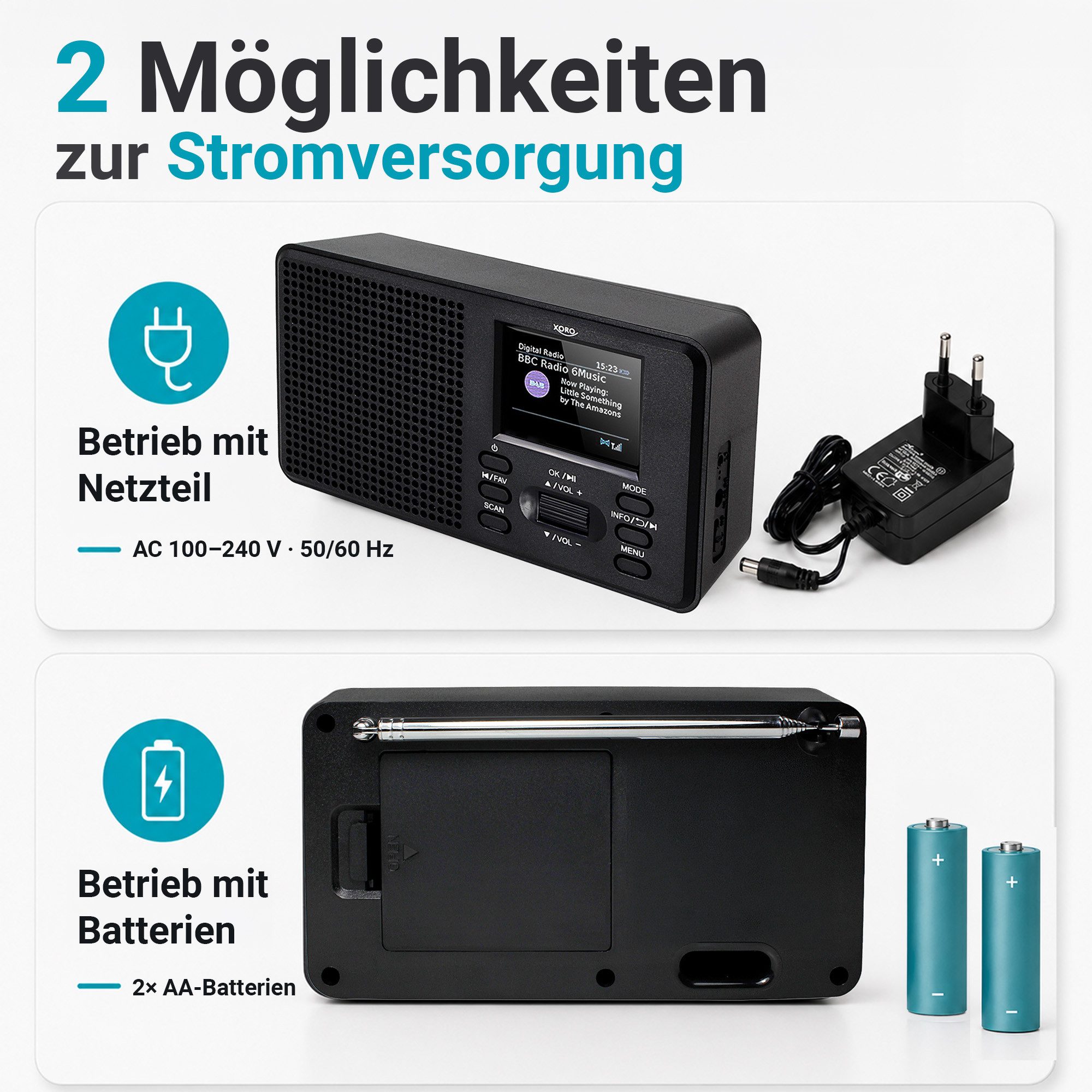 Xoro DAB 142 DAB+/UKW Radioempfang mit 2.4" Farbdisplay Digitalradio (DAB) (RDS, Wecker, Radiotext, Digitalradio (DAB), Einschlaftimer, FM/UKW, 3 W, DAB/DAB+ & FM, 2.4'' Farbdisplay, Bluetooth, Netz- & Batteriebetrieb)