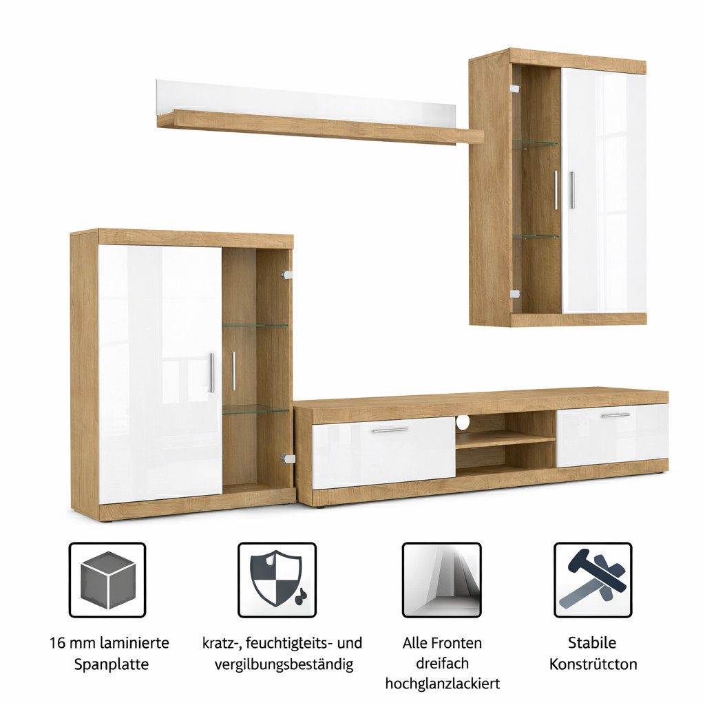 OTTO home Wohnwand Cleo 2, Anbauwand, Wohnkombination, Wohnzimmer-Set, (4-St), UV-Lackiert Fronten in Hochglanz, Gesamtbreite ca 260 cm