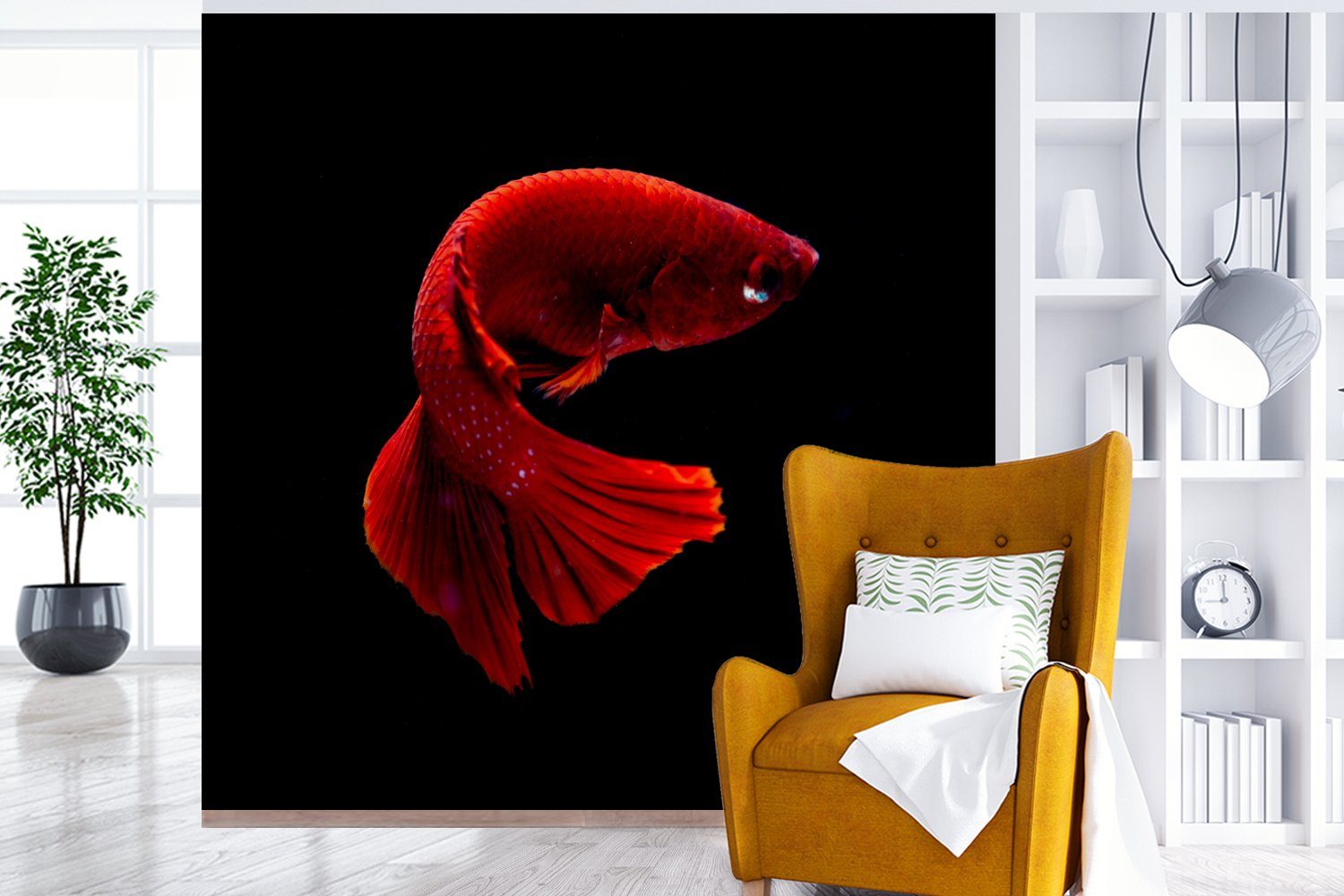MuchoWow Fototapete Fisch Vliestapete Küche, Wohnzimmer - Meerestier Matt, - Schlafzimmer bedruckt, Schwanz (4 für - Fototapete St), Rot