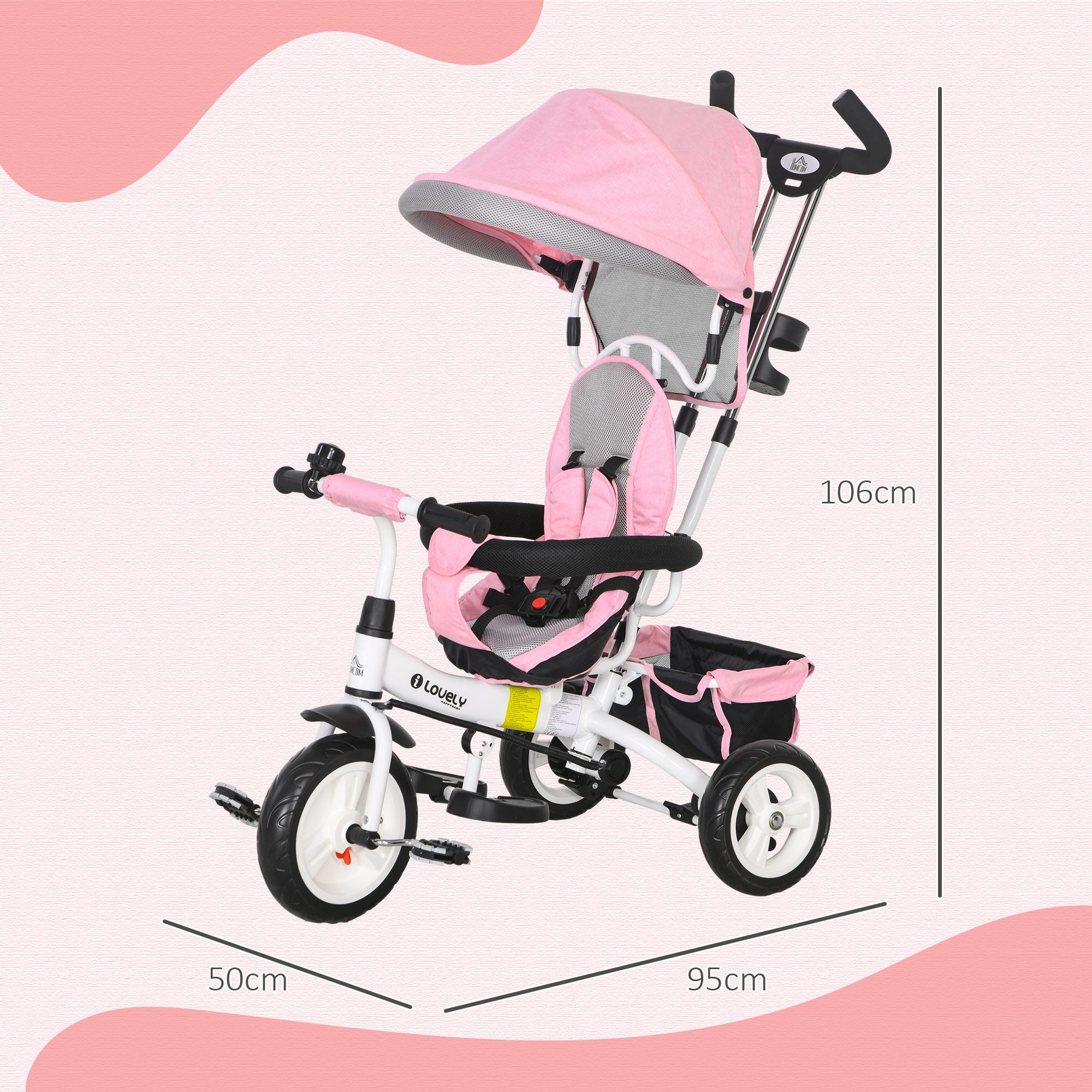 HOMCOM Dreirad 6-in-1 Schubstange, Kinder bis 25kg, Vorwärts und Rückwärtsfahrt, für 12-60 Monate, Rosa
