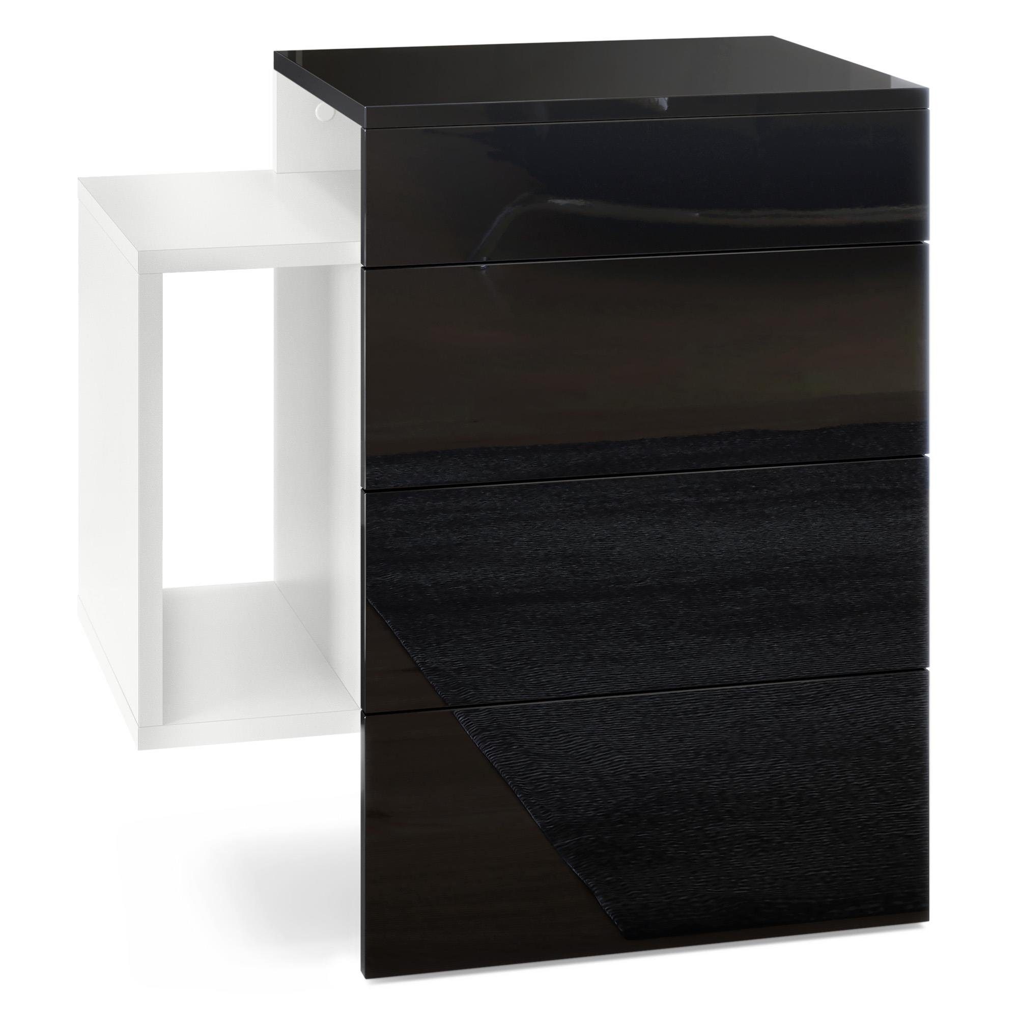 Vladon Nachttisch Queens (Nachttischschrank mit 2 Schubladen, und 1 seitlichem Fach zur Wandmontage), Weiß matt/Schwarz Hochglanz (60 x 63 x 36 cm)