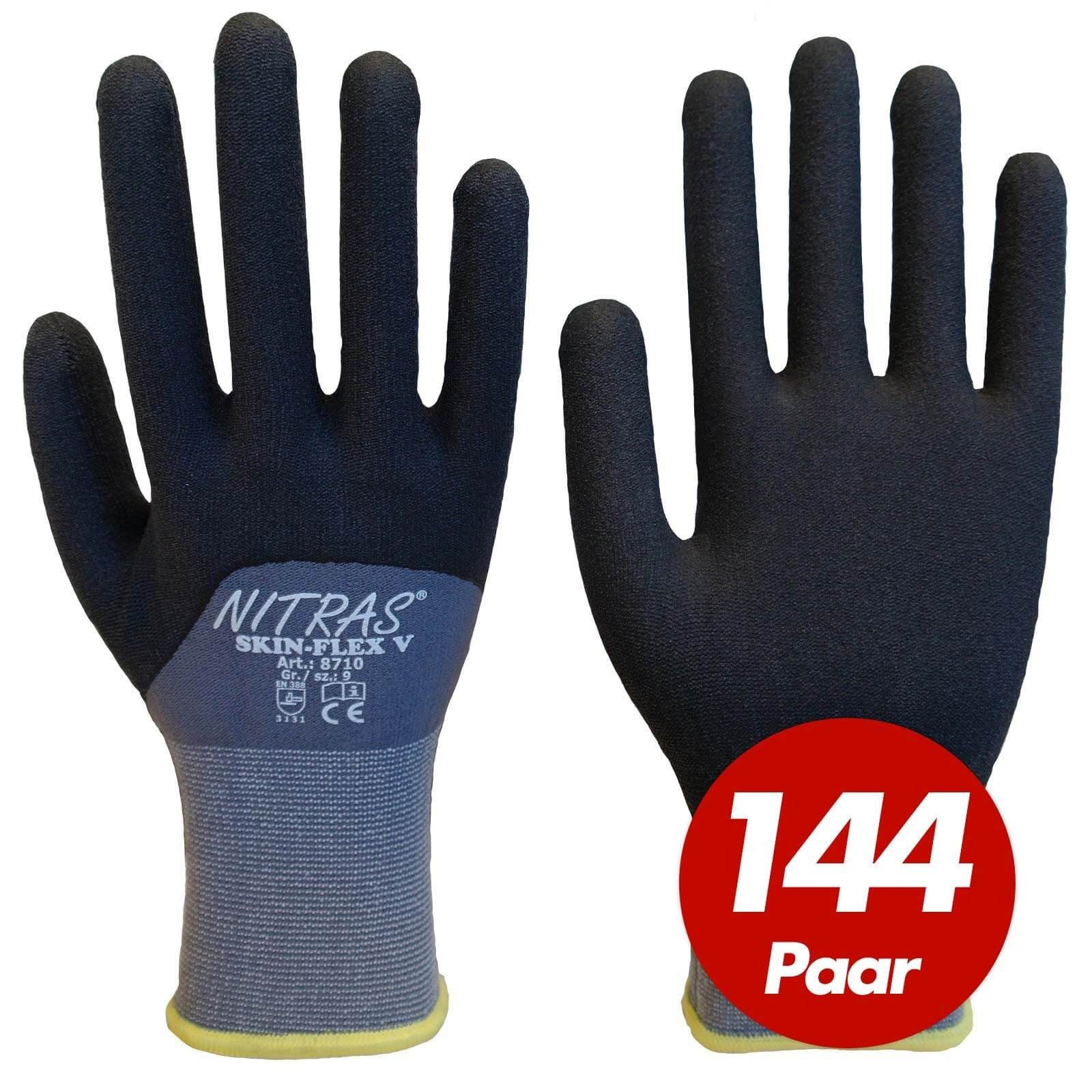 Nitril-Handschuhe (Spar-Set) NITRAS Skin-Flex Nitras 144 Spezalbeschichtung V Paar 8710 Strickhandschuhe,