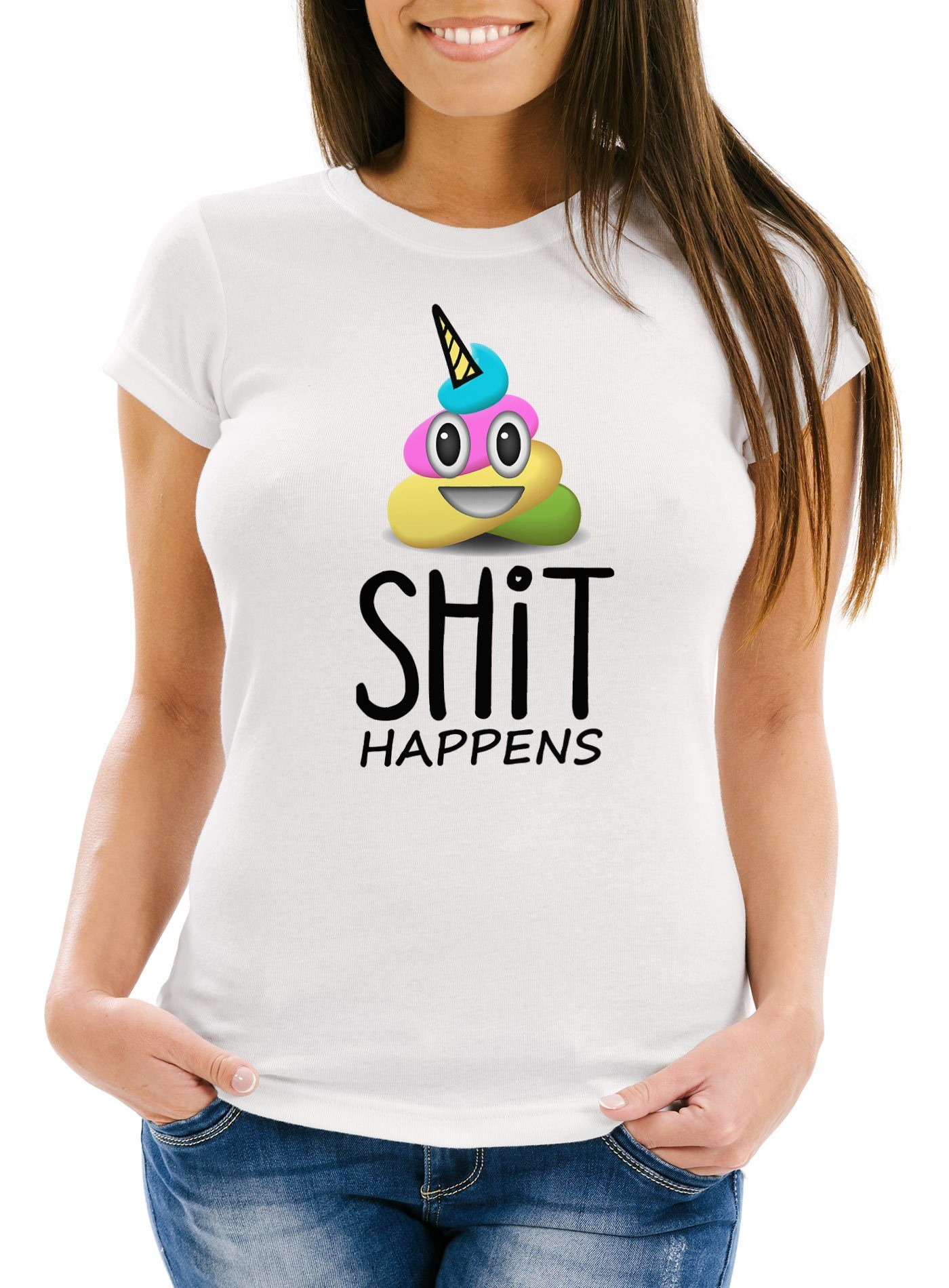 MoonWorks Print-Shirt Damen T-Shirt Shit Happens bunter Kack-Haufen Einhorn Pile of Poo Slim Fit Moonworks® mit Print weiß