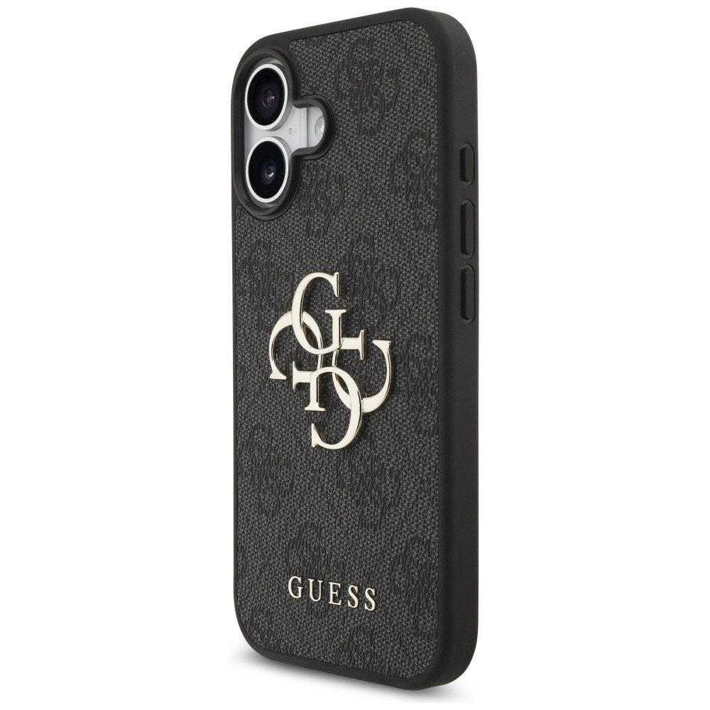 Guess Handyhülle iPhone 17 Kunstleder grau Big Logo Metall goldfarben 6,3 Zoll, Kantenschutz