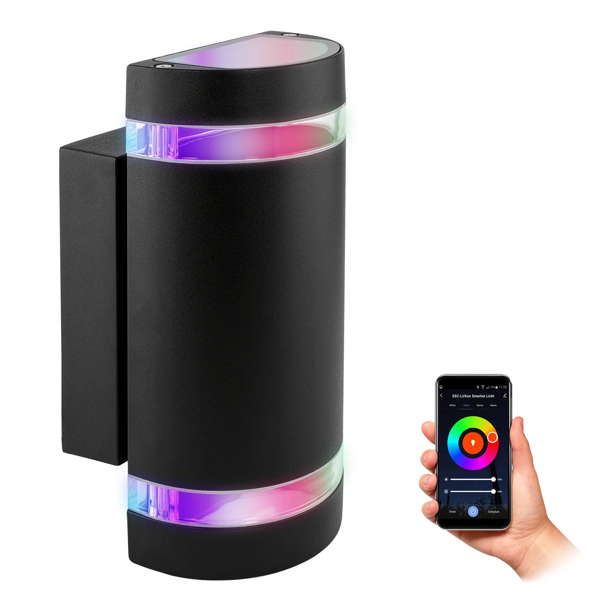 SSC-LUXon Smarte LED-Leuchte ZORA Up Down Aussen Wandleuchte IP44 schwarz halbrund 2x Smart LED, RGB & Weißtöne