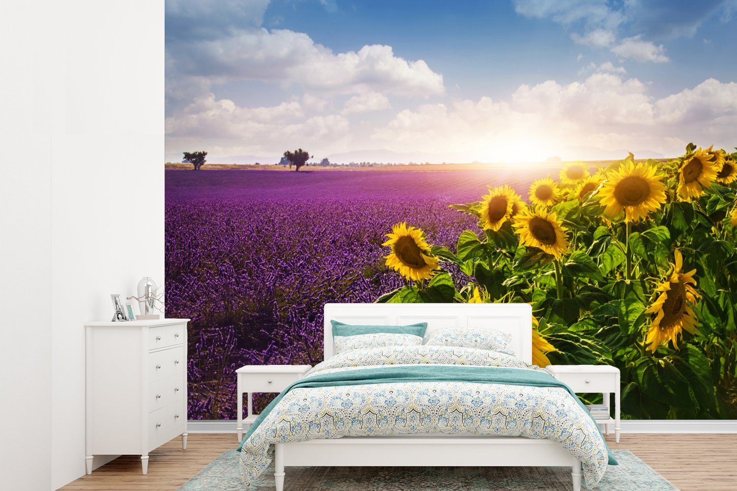 MuchoWow Fototapete Sonnenblumen neben einem Lavendelfeld, Matt, bedruckt, (6 St), Montagefertig Vinyl Tapete für Wohnzimmer, Wandtapete