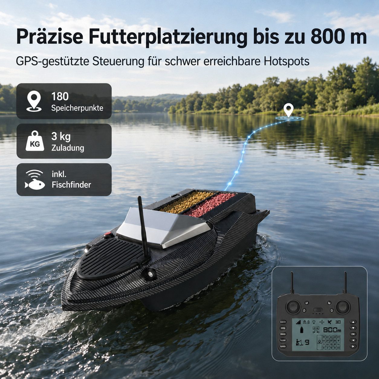 Tekoo RC-Boot GPS Futterboot Set inkl. Fishfinder, Autopilot, 3kg Zuladung (Set, Komplett-Set inklusive Fischfinder und Zubehör), 180 GPS-Zielpunkte, automatische Rückkehrfunktion, 800m Reichweite