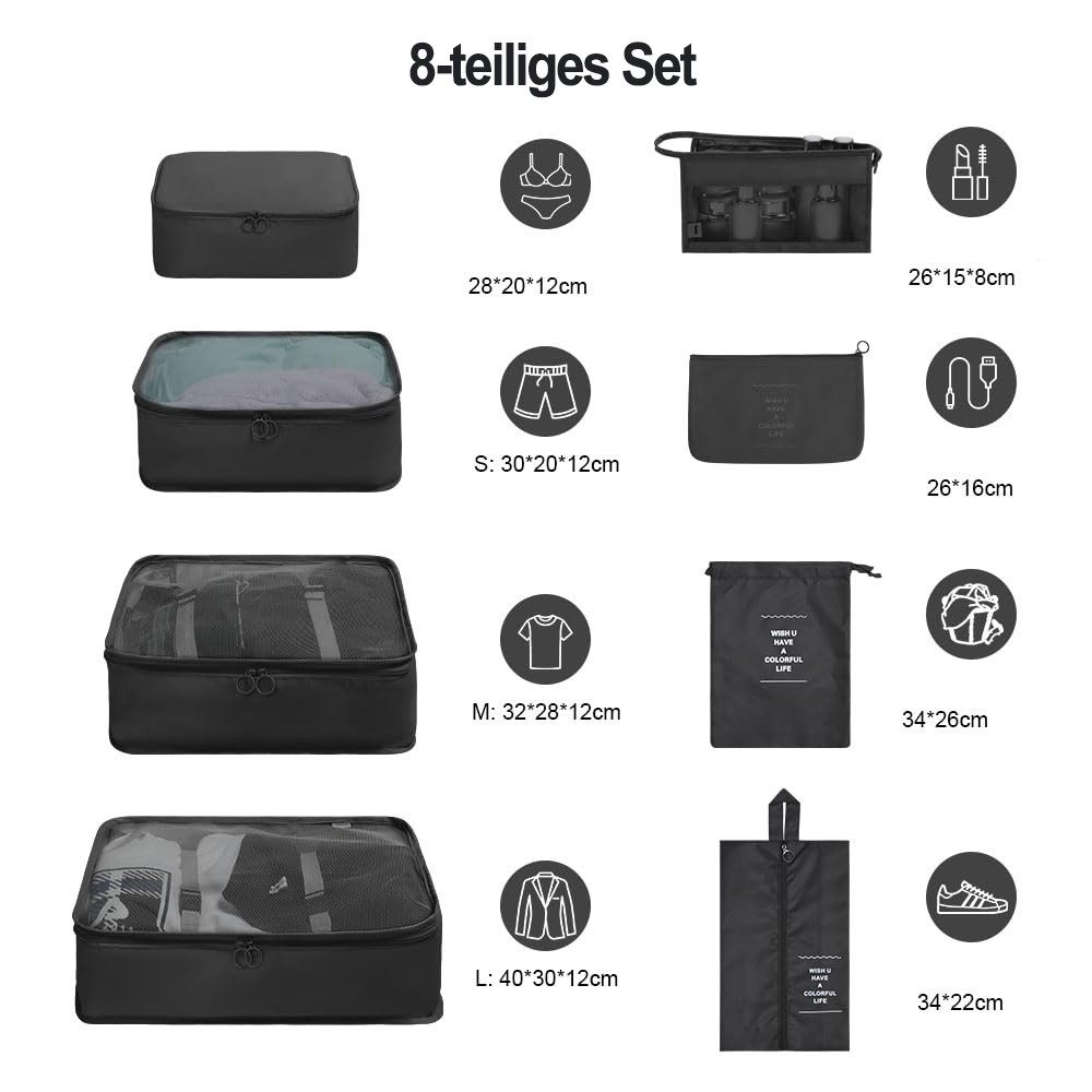 Diwzbyn Kofferorganizer Packwürfel, wasserdichte Reise-Kleiderbeutel, Packtaschen für Koffer, Faltbar / Verstaubar / atmungsaktiv mit Mesh-Oberseite, 8-teilig