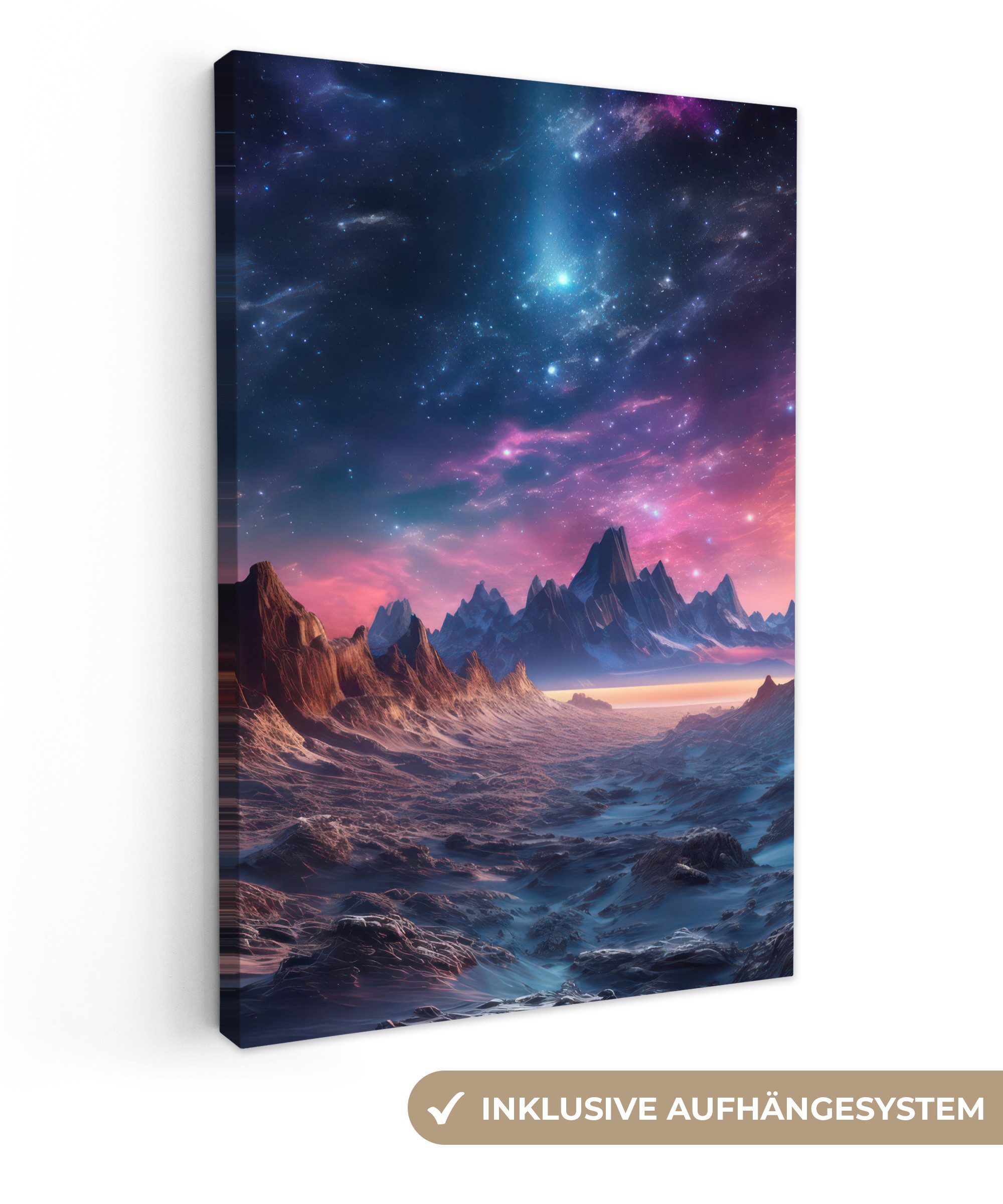 OneMillionCanvasses® Leinwandbild Berge - Sterne - Bunt - Neon, Fotodruck (1 St), Gaming Bilder, Wandbild Gamingzimmer, Deko Wandbilder Gamer 20x30 cm