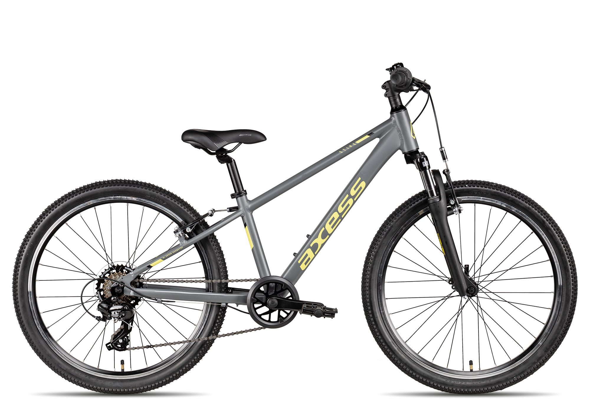 Axess Kinderfahrrad Stipe 24, 7 Gang Shimano Tourney RD-TX802 Schaltwerk, Kettenschaltung, leichter Aluminiumrahmen schwarz/grau