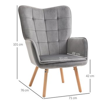 HOMCOM Relaxsessel Sessel im Retrodesign, Lesesessel, Samtoptik; 71 cm x 76 cm x 101 cm (Set, 1-St., Essstuhl), Sessel mit Rückenlehnen, Buchenholz, Grau Natur 71 x 76 x 101 cm