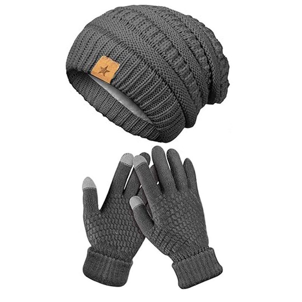 Coonoor Mütze & Schal Winter-Beanie-und-Handschuh-Set, warme Strickmütze, Touchscreen-Strickhandschuhe
