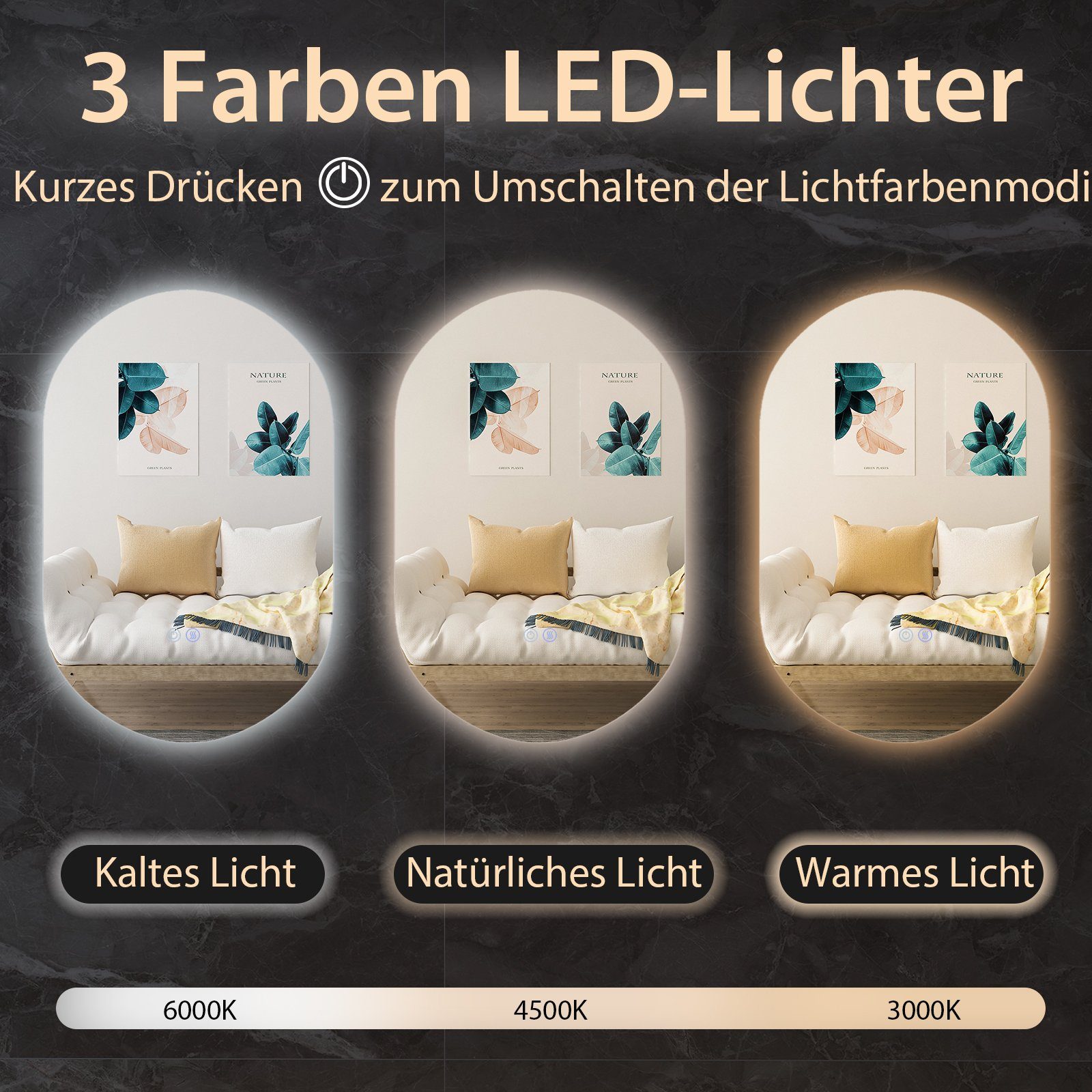 COSTWAY LED-Lichtspiegel Badspiegel, 80x50cm Oval, Touch Funktion