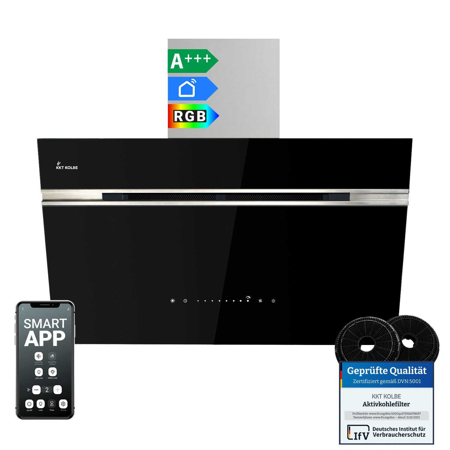 KKT KOLBE Wandhaube Dunstabzugshaube 80cm AURORA8005SE RGBW Ambientebeleuchtung Dunstabzugshaube 80cm AURORA8005SE RGBW Ambientebeleuchtung, Kopffreihaube / Umluft / Abluft / Smarte WiFi-App / Schwarz / Glas