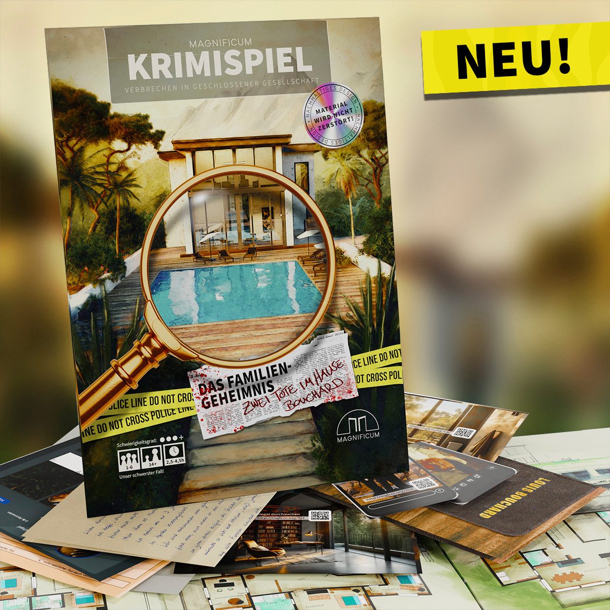 MAGNIFICUM Spiel Detektivspiel / Krimispiel für Erwachsene, Das Familiengeheimnis - Zwei Tote im Hause Bouchard, Made in Germany
