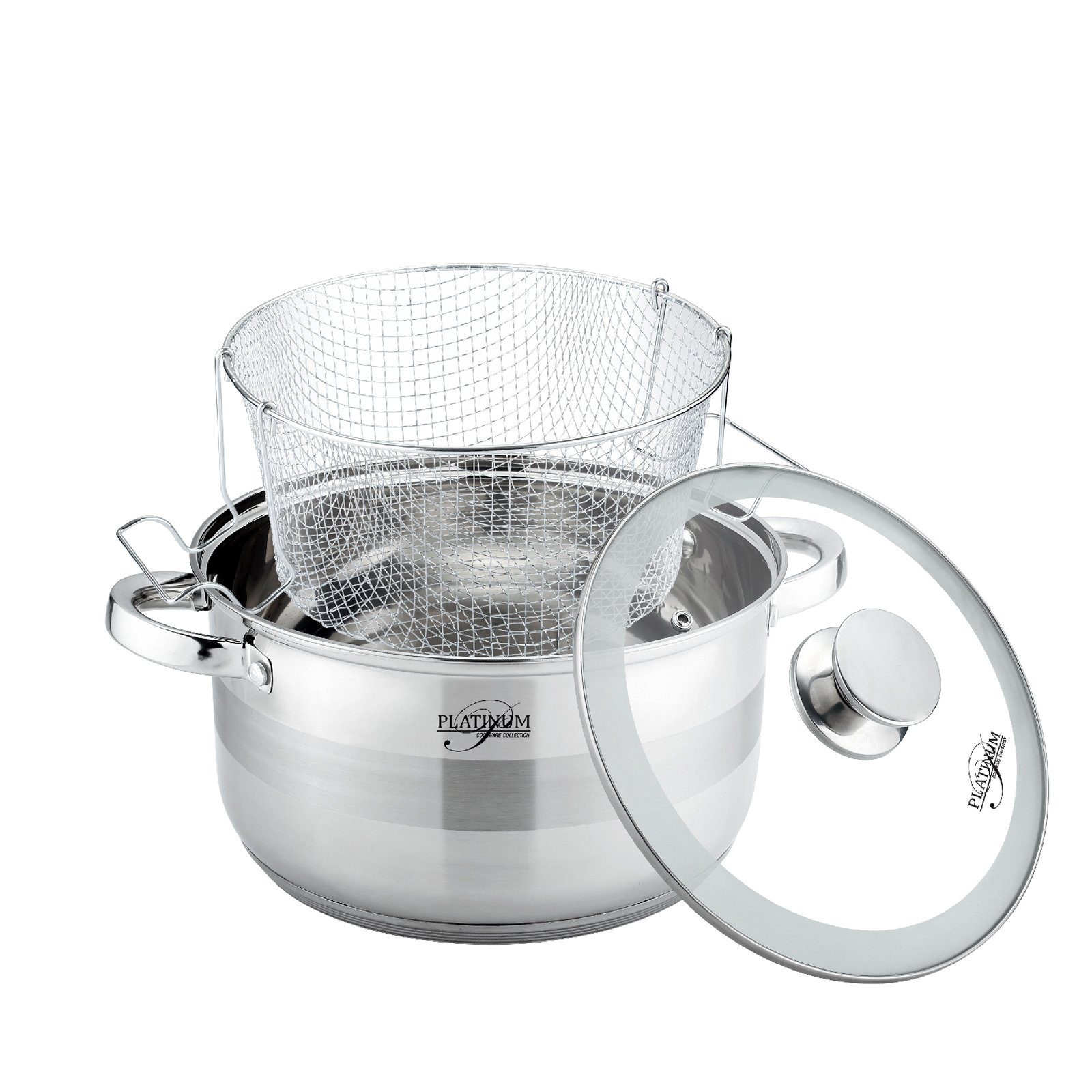 Cheffinger Kochtopf 6.6L Frittiertopf Friteuse Pommestopf Edelstahl, Edelstahl 18/10
