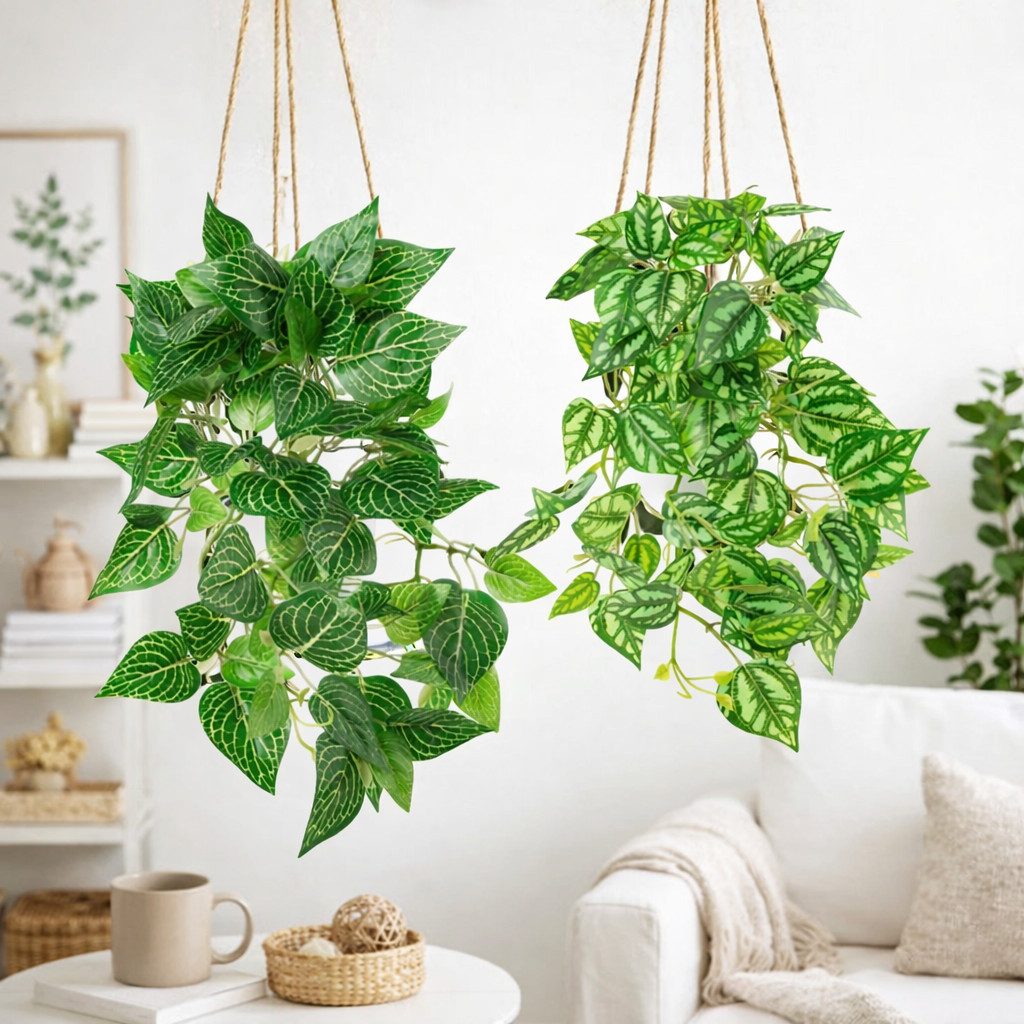 Kunstpflanze Künstliche Hängepflanzen im bruchfesten Topf, Hängepflanze künstlich Efeu, Monstera, Philodendron, Calathea, Pfeilblatt, Mosaik- & Zebrapflanze, PASCH, Bruchfester weißer Kunststofftopf