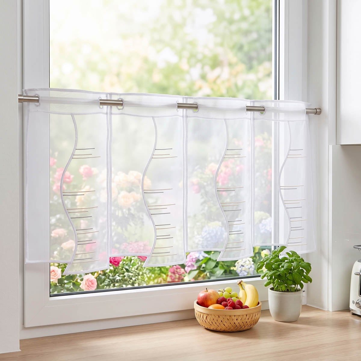 SCHÖNER LEBEN. Stoff Scheibengardinen Meterware Organza Stickerei weiß 30 cm Höhe, bestickt,pflegeleicht