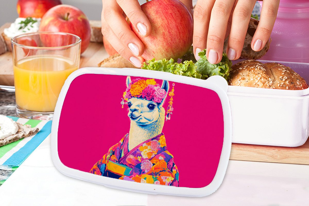 MuchoWow Lunchbox Lama - Kimono - Blumenkranz - Hellrosa, Kunststoff, (2-tlg), Brotdose Schule oder Arbeit, Brotbox für Kinder und Erwachsene