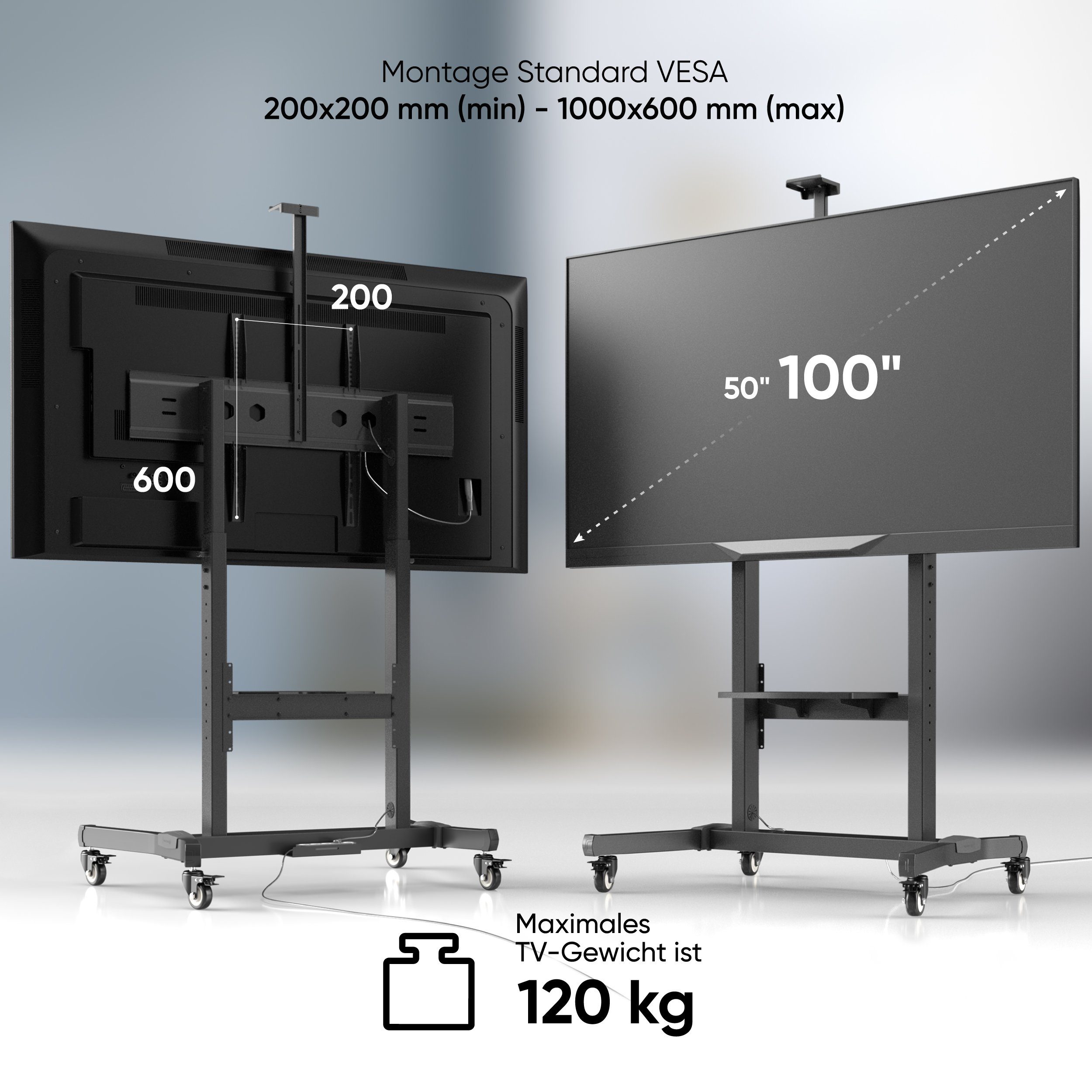 ONKRON mm von kg, Ständer zu -5 75 120 TV Grad, Ständer, Zoll, VESA Ständer, 5 mm Räder) Bildschirm Zoll, (bis 200x200-1000x600 bis TV TV 50-100 Neigung bis TV-Ständer, von 100,00