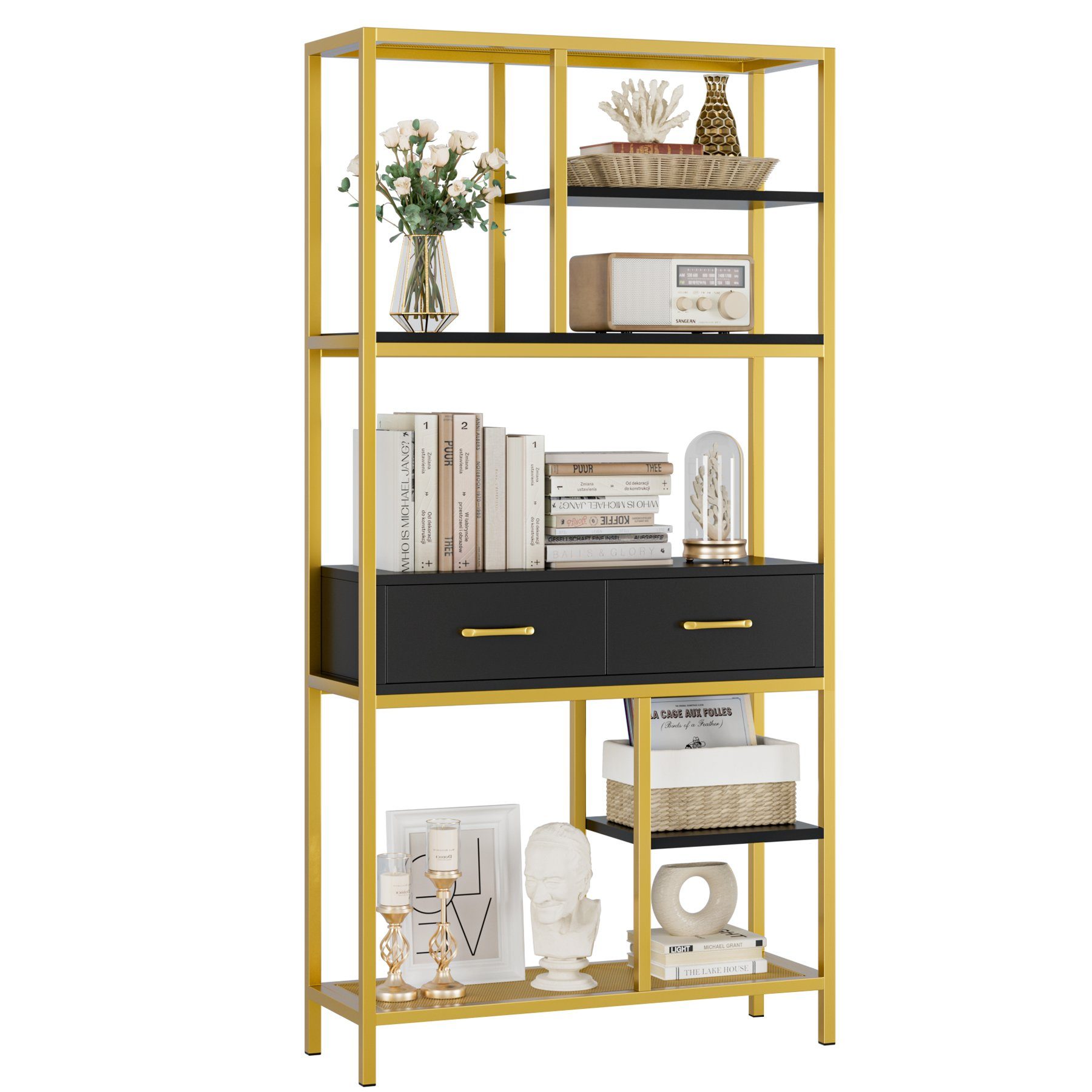 HOMECHO Bücherregal, Büroregal 5 Ebenen 2 Schubladen Standregal Holz Schwar günstig online kaufen