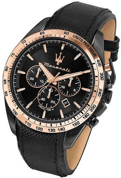 MASERATI Chronograph Maserati Leder Armband-Uhr, Herrenuhr Lederarmband, rundes Gehäuse, groß (ca. 45mm) schwarz