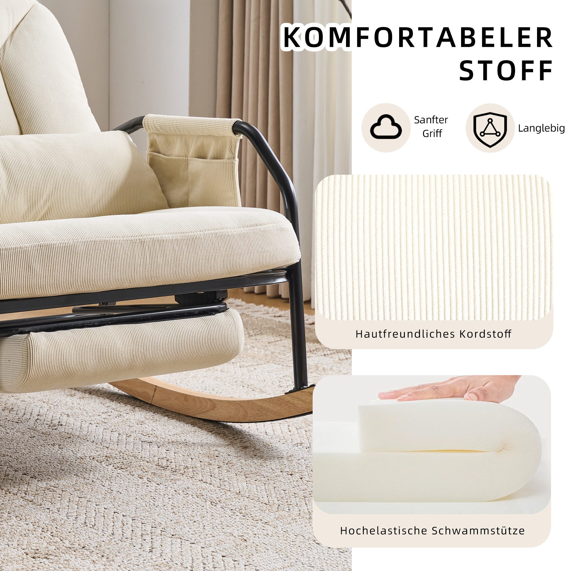 Leawin Schaukelstuhl Leawin großer Schaukelstuhl mit Liegefunktion & Fußstütze, Verstellbarer Relax-Schaukelstuhl mit breitem Sitz & Kissen