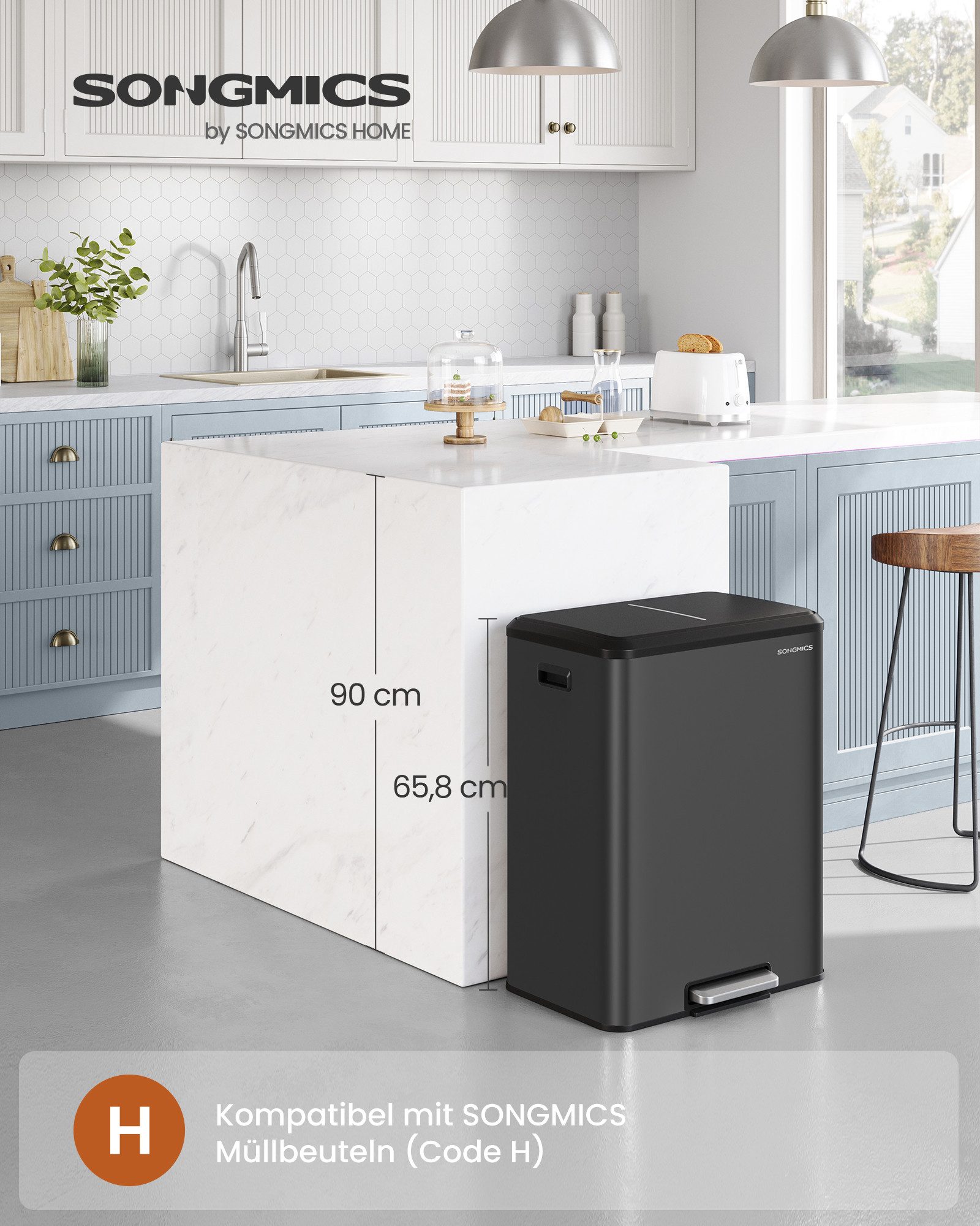 SONGMICS Mülleimer Küche, Mülltrennsystem, 2 x 30 L, 2 Fächer, Abfalleimer, Inneneimer, Stahl/Edelstahl