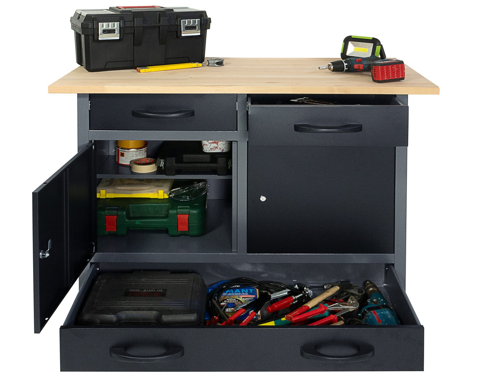 ONDIS24 Werkbank Werktisch 120cm, Montagewerkbank, 3 Schubladen & 2 Türen, Buchenholzarbeitsplatte, Arbeitshöhe 95 cm
