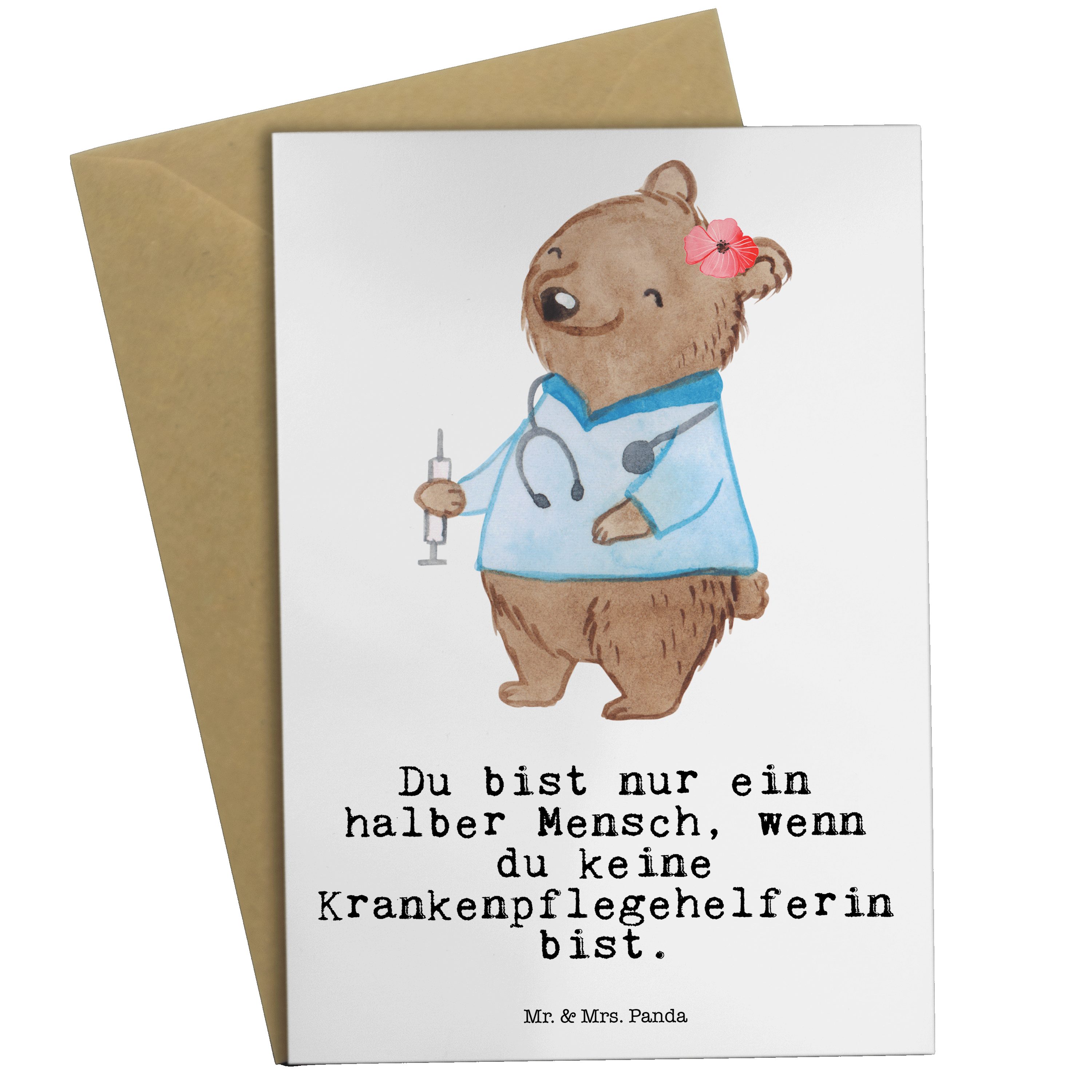 Mr. & Mrs. Panda Grußkarte Krankenpflegehelferin mit Herz - Weiß - Geschenk, Klappkarte, Einladu