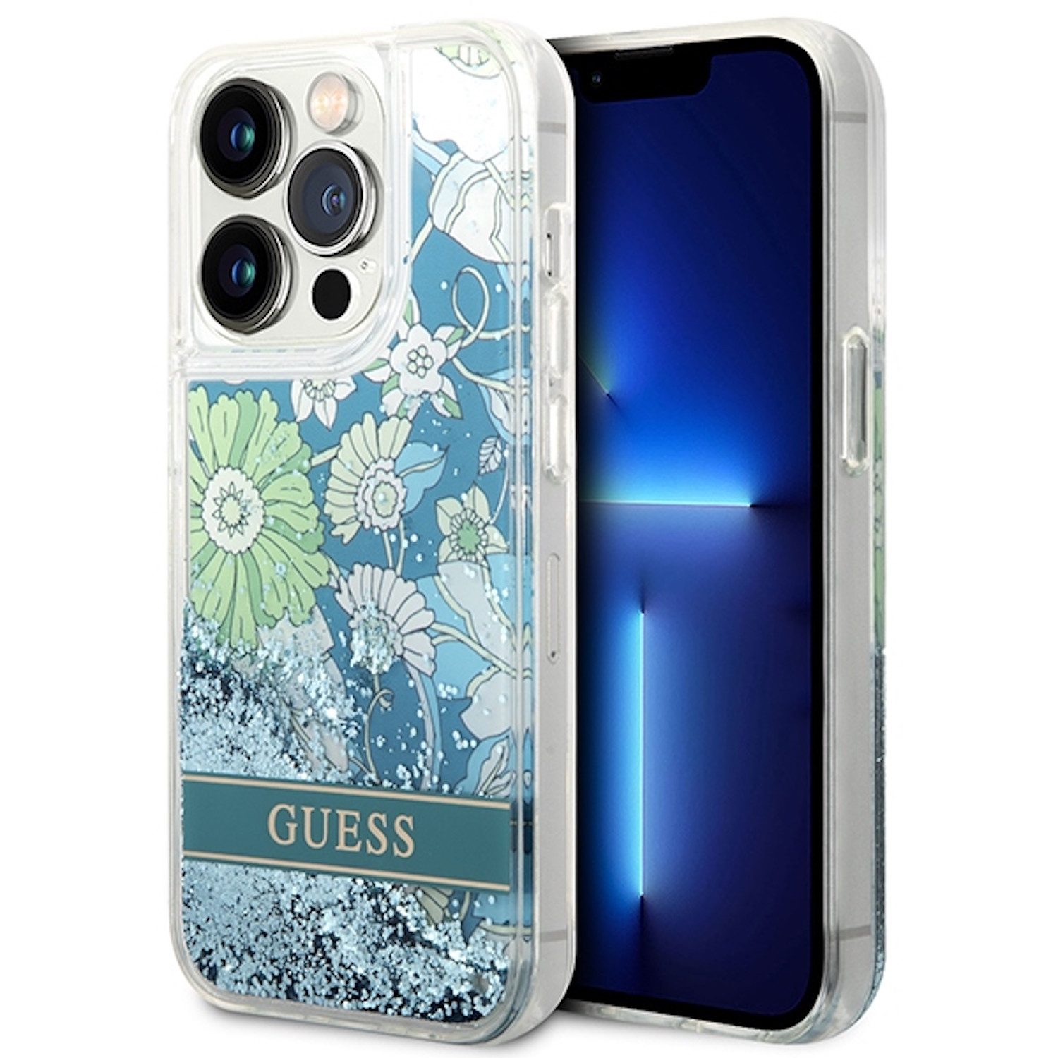 Guess Handyhülle Guess Apple iPhone 14 Pro Hard Case Paisley Liquid Glitter Blau