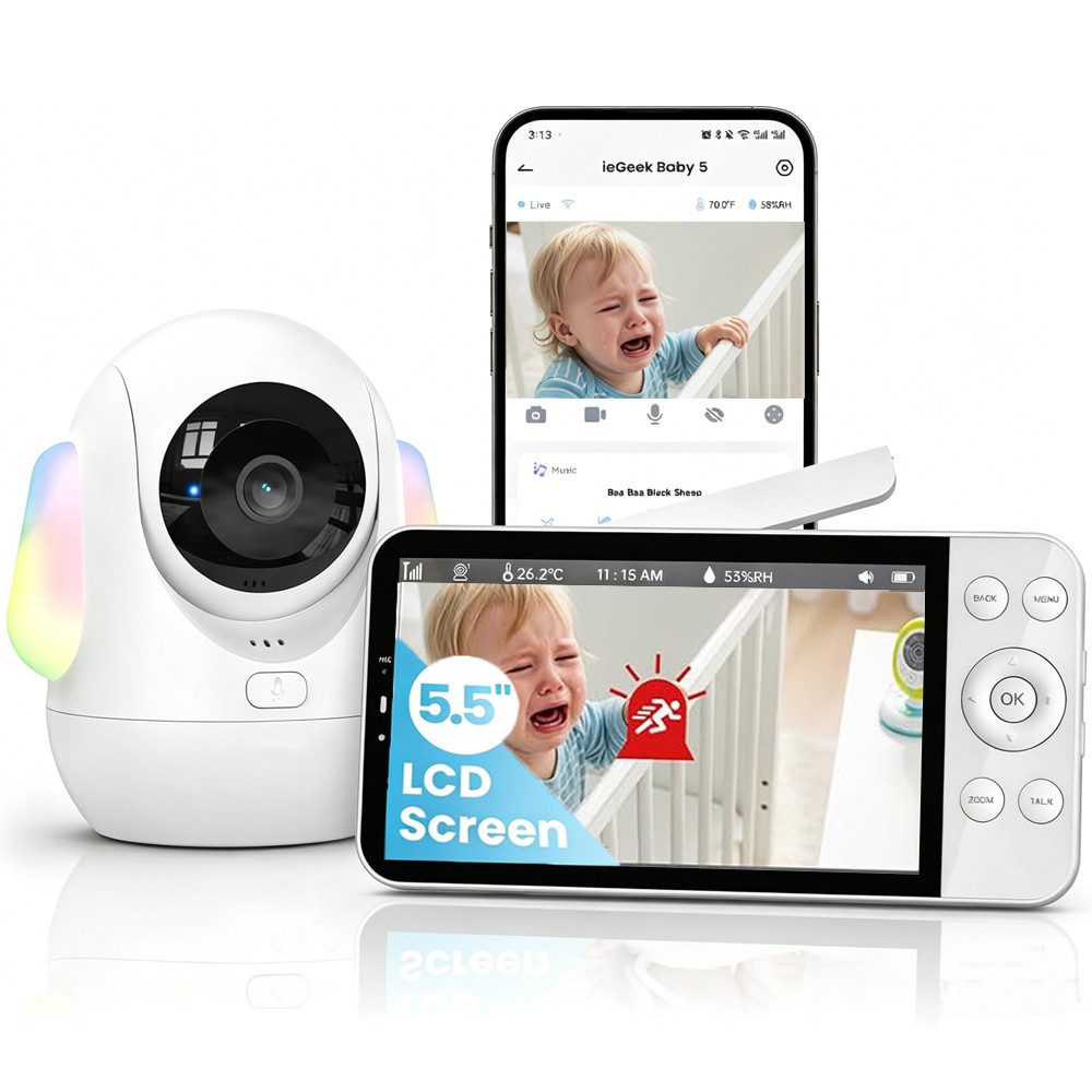 Boifun Video-Babyphone Babyphone mit Kamera 2,5K/4MP, 5,5 Zoll WLAN Video babyfone, unterstützt 2,4 GHz und 5 GHz PTZ 360°, 1-tlg., Intelligentes Nachtlicht, Automatische Verfolgung, Weinen/Bewegungs, IR/RBG Nachtsicht,Mit Bluetooth-Netzwerkkonfiguration