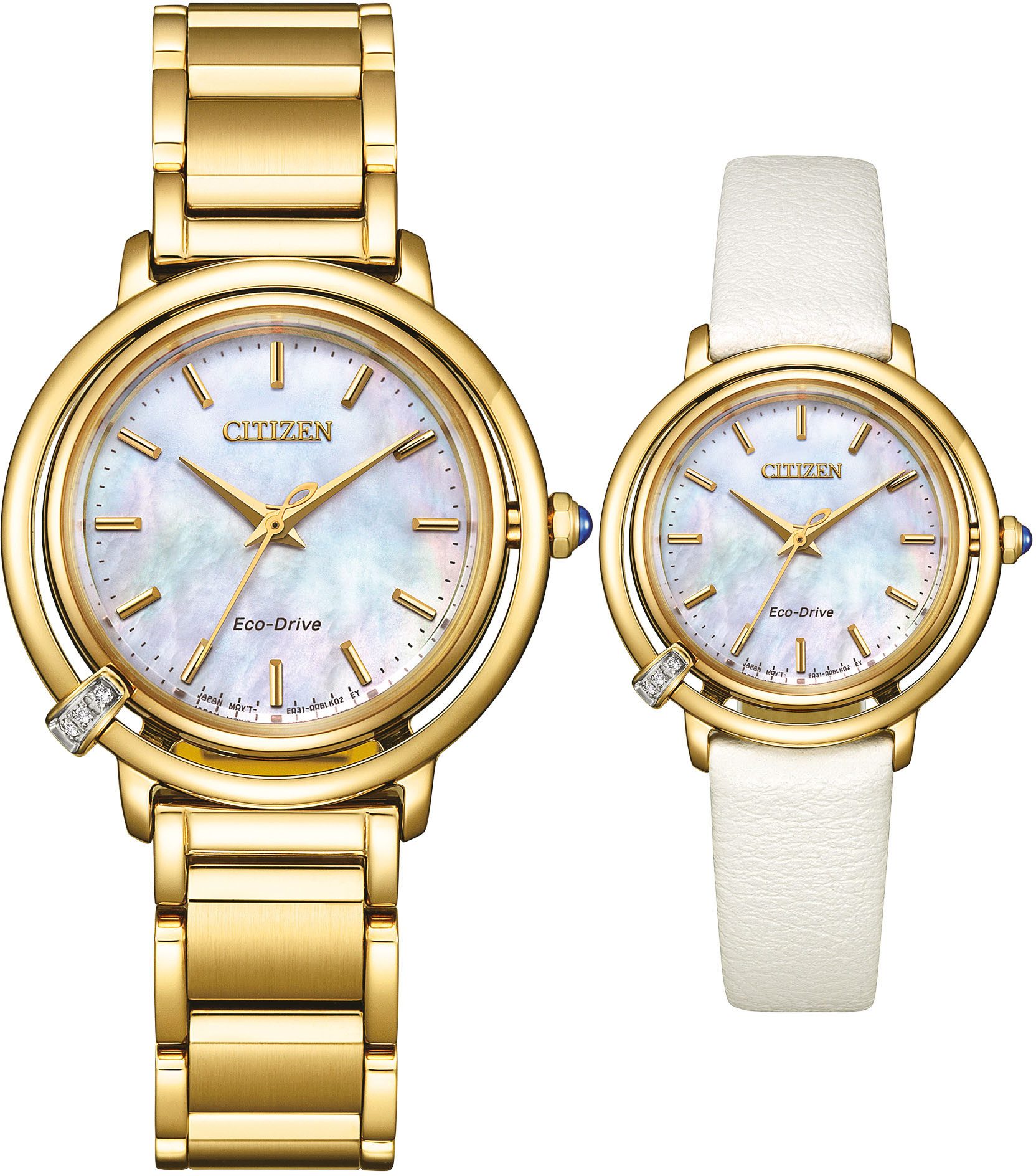 Citizen Solaruhr EM1092-64D, (Set, 2-tlg., mit Wechselband aus veganer Lederalternative (Apfel), Armbanduhr, Damenuhr, Diamanten, Saphirglas, Edelstahlarmband