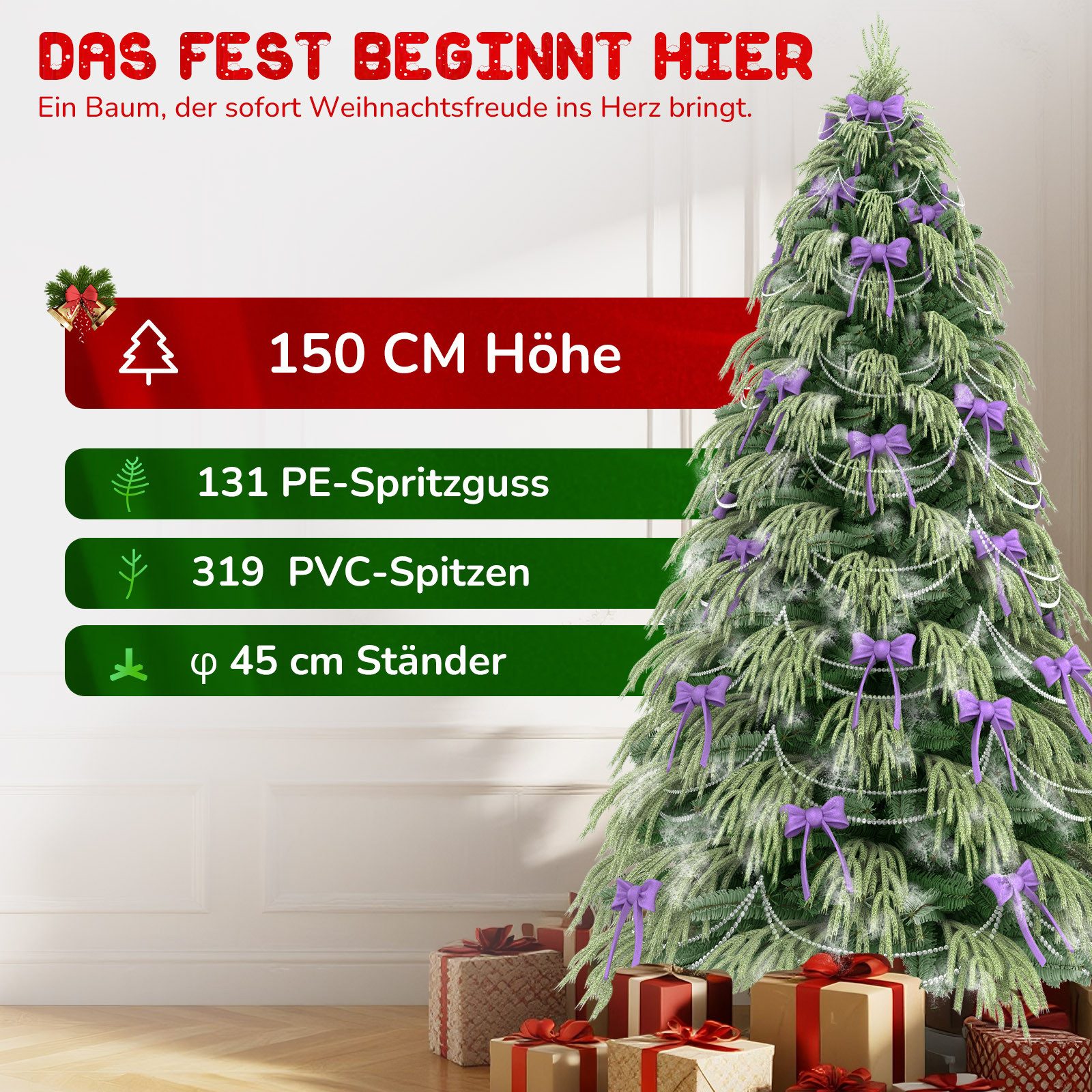 Ferghana Künstlicher Weihnachtsbaum 150/180/210/250CM mit Weiß Schnee 450/850/1115/1500PVC/PE Baum-Spitzen, Kleiner Tannenbaum,Edeltanne, 230/280/330/550 LED Beleuchtung Aufbewahrungstasche,Dekorationen