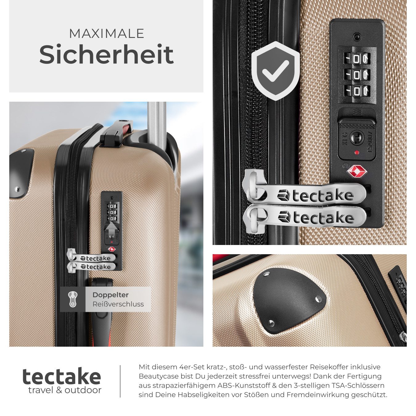 tectake Trolley Hartschalenkoffer-Set, 4 Rollen, 4-teilig, 3 Trolleys und Beauty-Case aus robustem ABS-Kunststoff