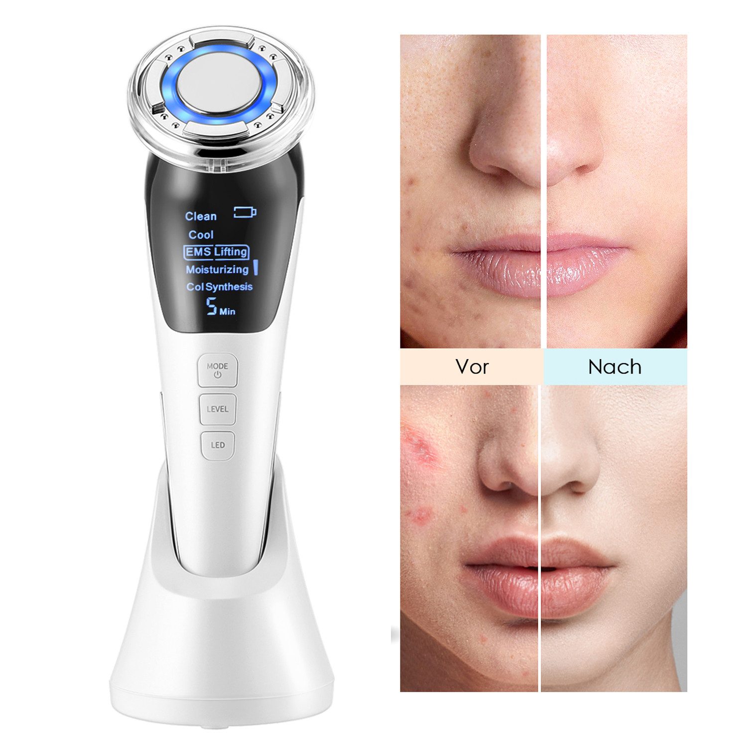 Gesichtsmassagegerät Anti-Aging-Gerät mit EMS, Wärme/Kälte, LED-Licht und Ionenfunktion