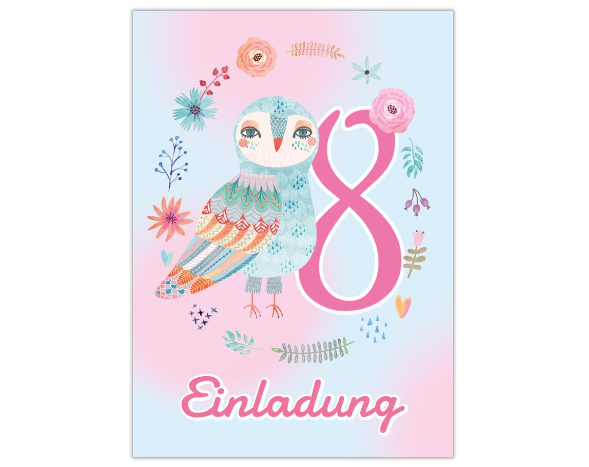 JUNAPACK Einladungskarten Eule Einladungen zum 8. Kindergeburtstag Karten Waldtiere Mädchen, Einladungskarten mit Eule Waldtiere zum achten Kindergeburtstag