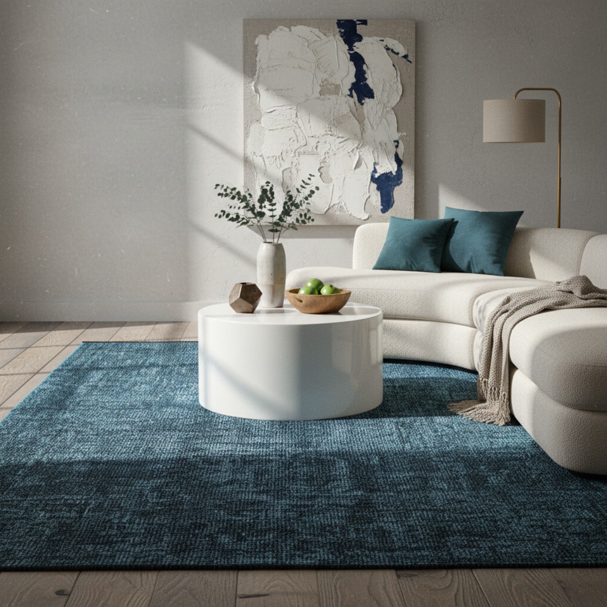 KADIMA DESIGN Wollteppich Kurzflor Teppich KOFEL Baumwolle Uni Waschbar Läufer Flur Küche, Läufer, Höhe: 9 mm, Blau, 80x150 cm, Modern Esszimmerteppich Einfarbig Uni Waschbar