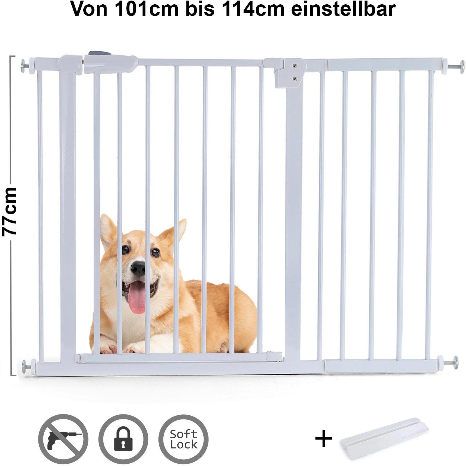 RAMROXX Treppenschutzgitter Absperrgitter Treppenschutz Metall weiß + Rampe 77cm hoch 101-114cm
