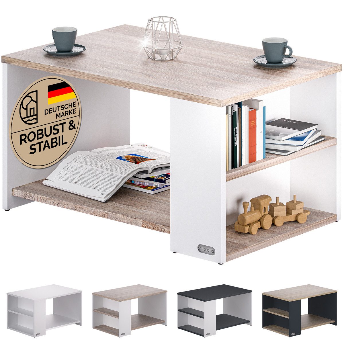 Casaria Couchtisch Santa Cruz, Wohnzimmertisch Stauraum Holz Weiß Eiche 90x günstig online kaufen