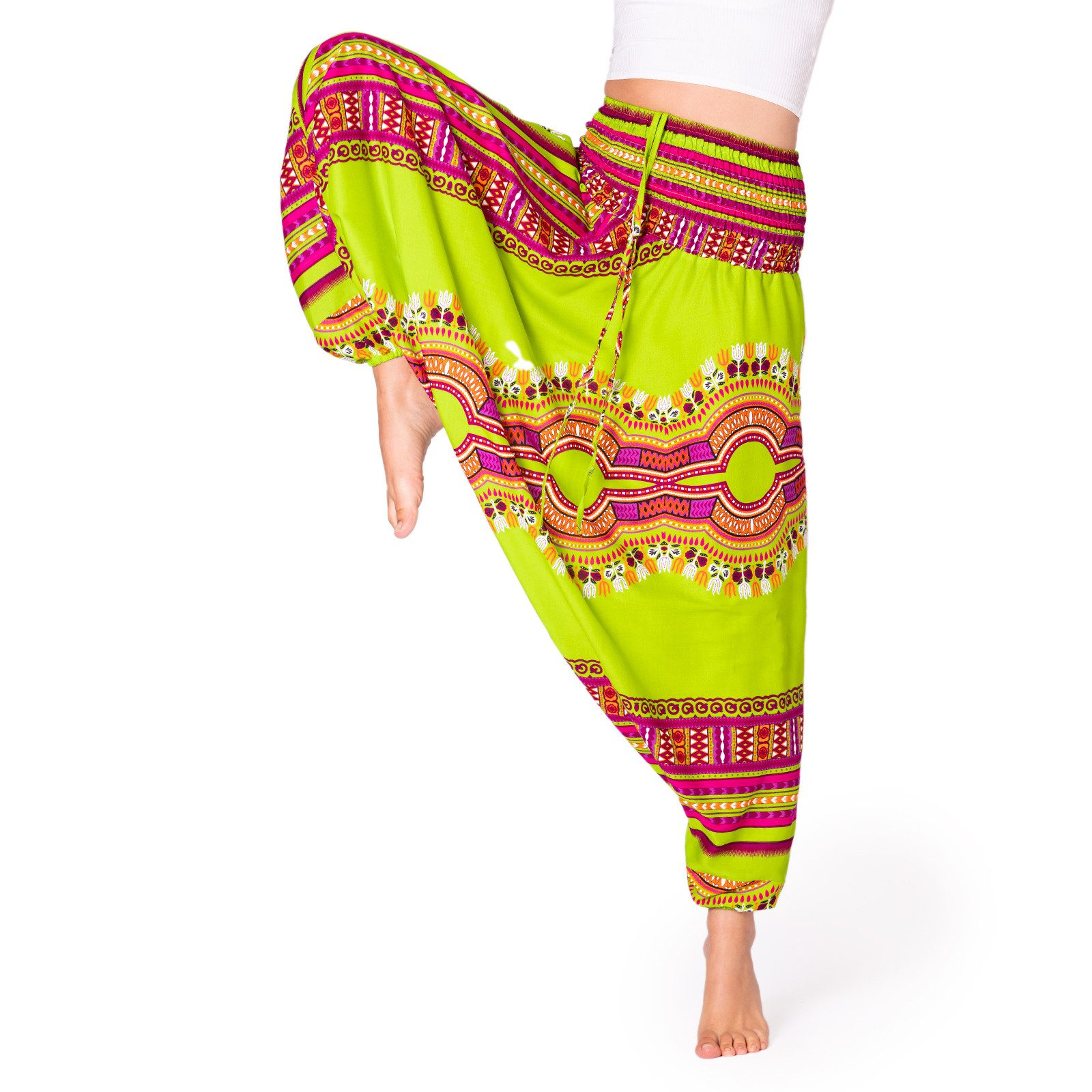 PANASIAM Haremshose Unisex Aladinhose mit afrikanischem Muster aus natürlicher Viskose Bunte Sommerhose für Yoga, Strand, Reisen weite Haremshose für Alltag