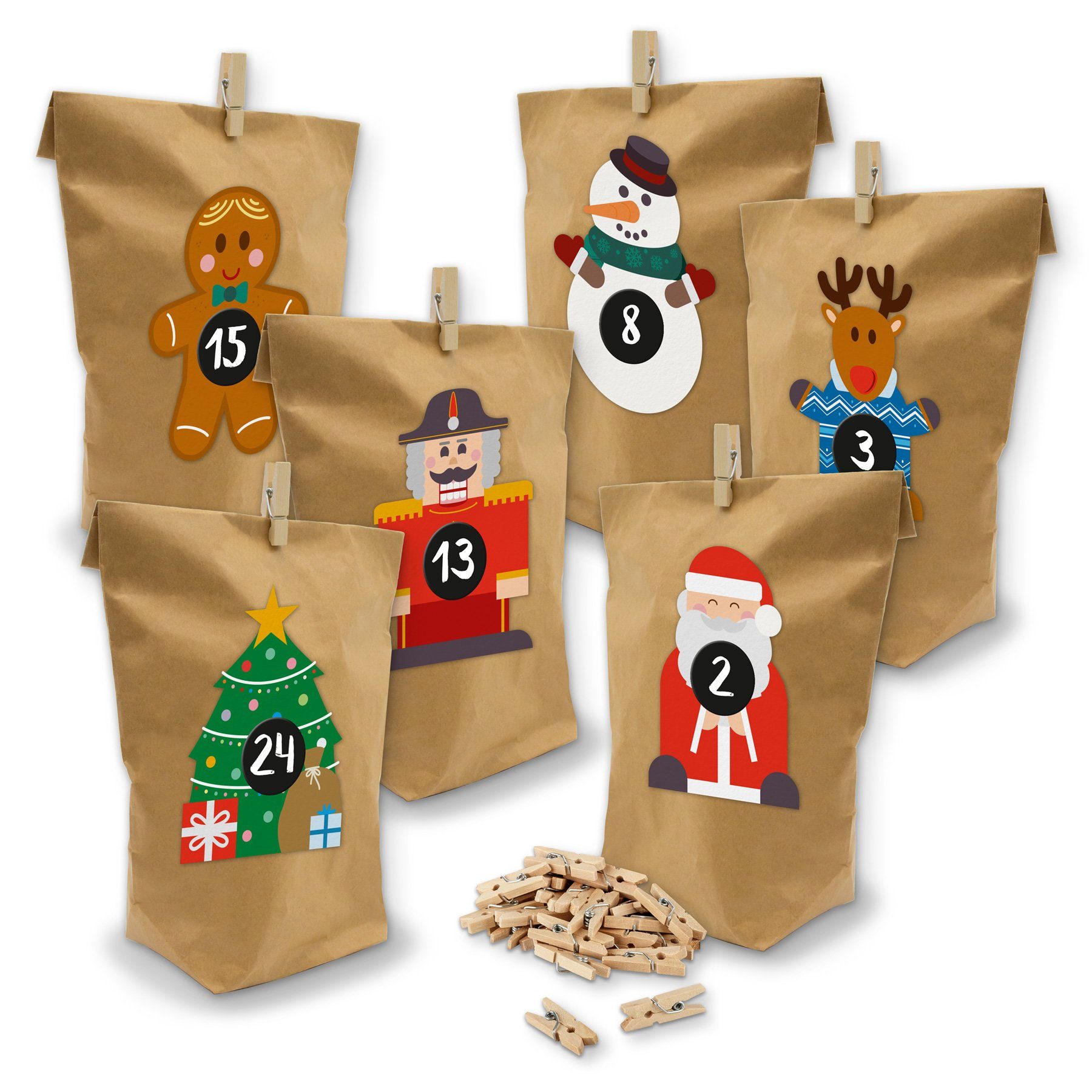 itenga befüllbarer Adventskalender Adventskalender Weihnachtsbande 24x Tüten + Klammern Sticker Bande Set