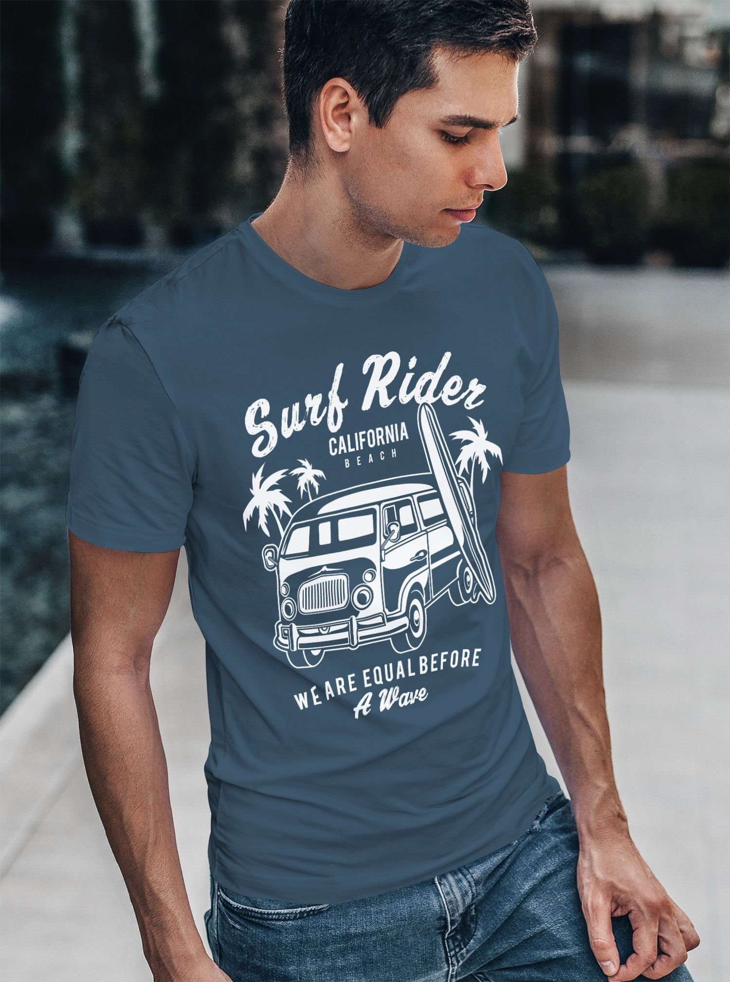 blau Herren mit Fit Bus Print-Shirt T-Shirt Retro Neverless Surfing Slim Neverless® Print