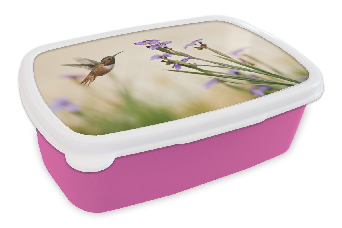 MuchoWow Lunchbox Vogel - Kolibri - Blumen - Lila, Kunststoff, (2-tlg), Brotbox für Erwachsene, Brotdose Kinder, Snackbox, Mädchen, Kunststoff rosa