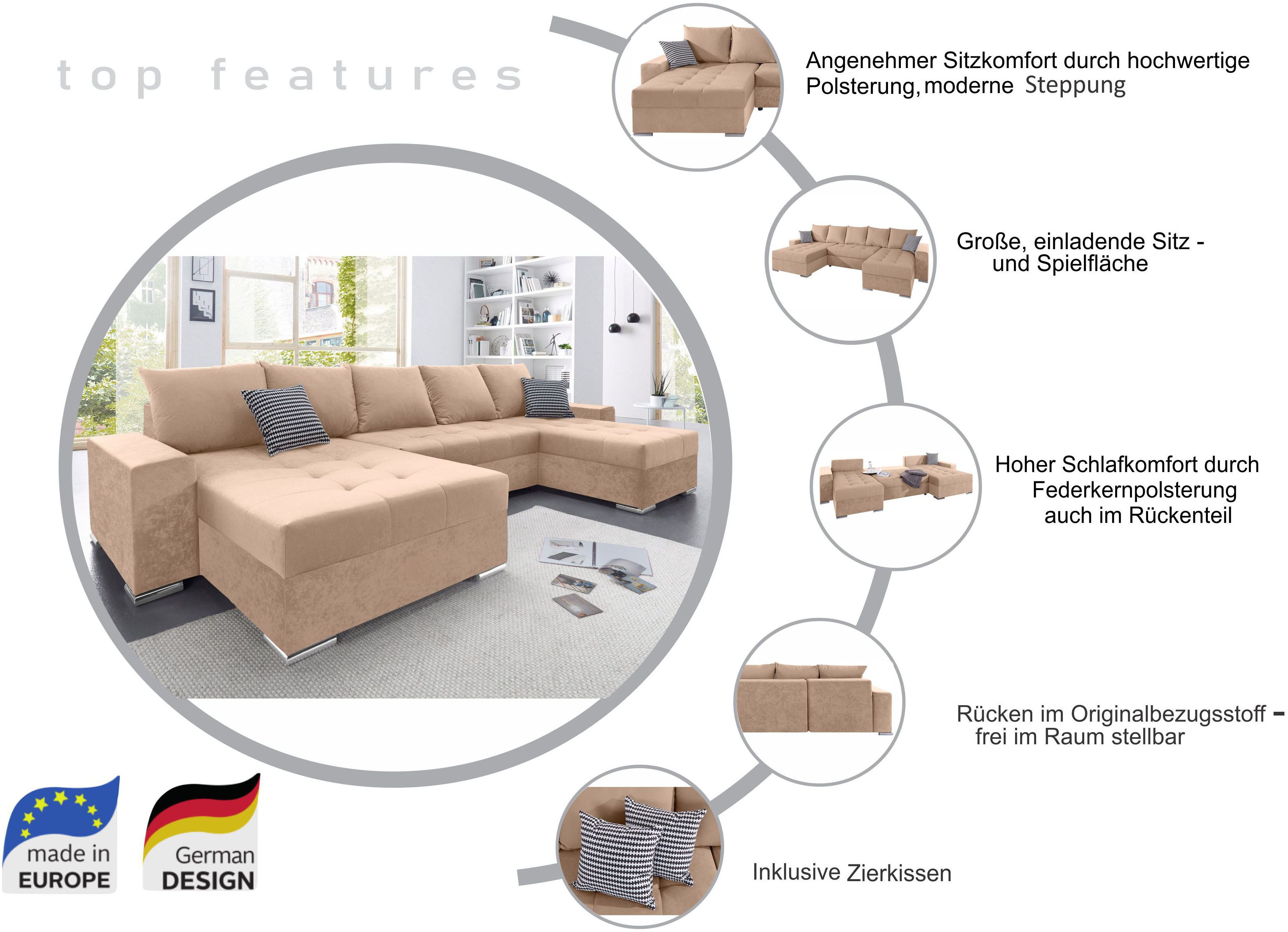 COLLECTION AB Wohnlandschaft Josy XXL U-Form, B: 333 cm, mit 2 Recamieren 77 & 97 cm, Bettfunktion, Bettkasten & 2 Zierkissen, Federkern