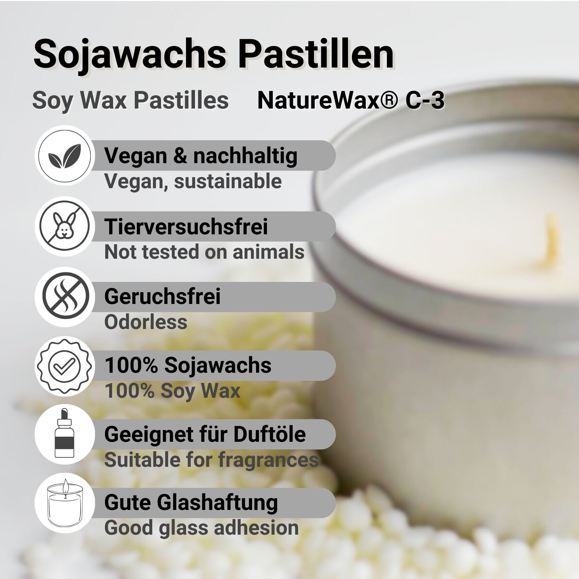 DistrEbution Bastelnaturmaterial Sojawachs Kerzenwachs, 1-20kg Pastillen, Natürliche Behälterkerzen, C-3 für Teelichter und Duftkerzen