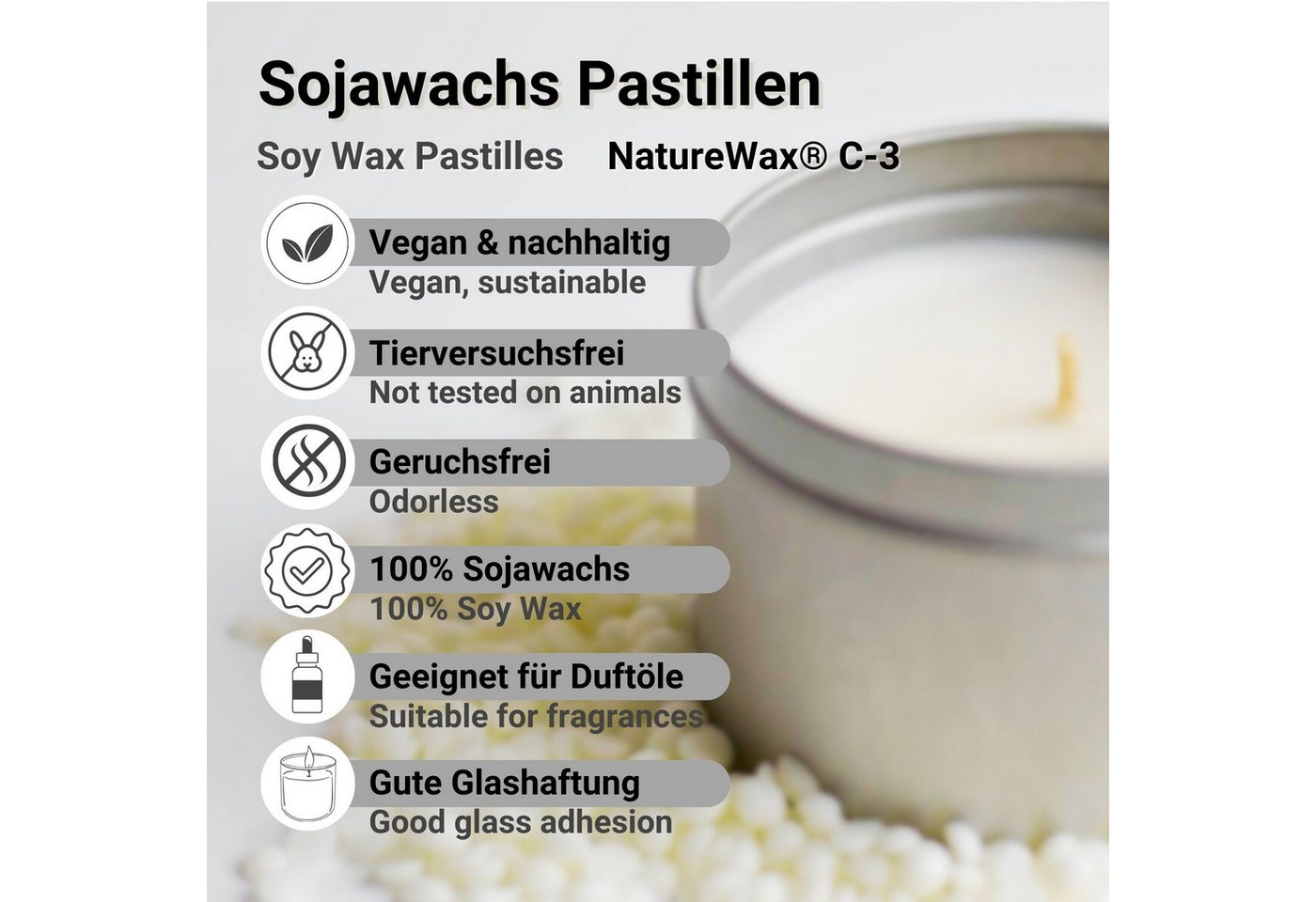 Thumbnail - DistrEbution Bastelnaturmaterial Sojawachs Kerzenwachs, 1-20kg Pastillen, Natürliche Behälterkerzen, C-3 für Teelichter ...