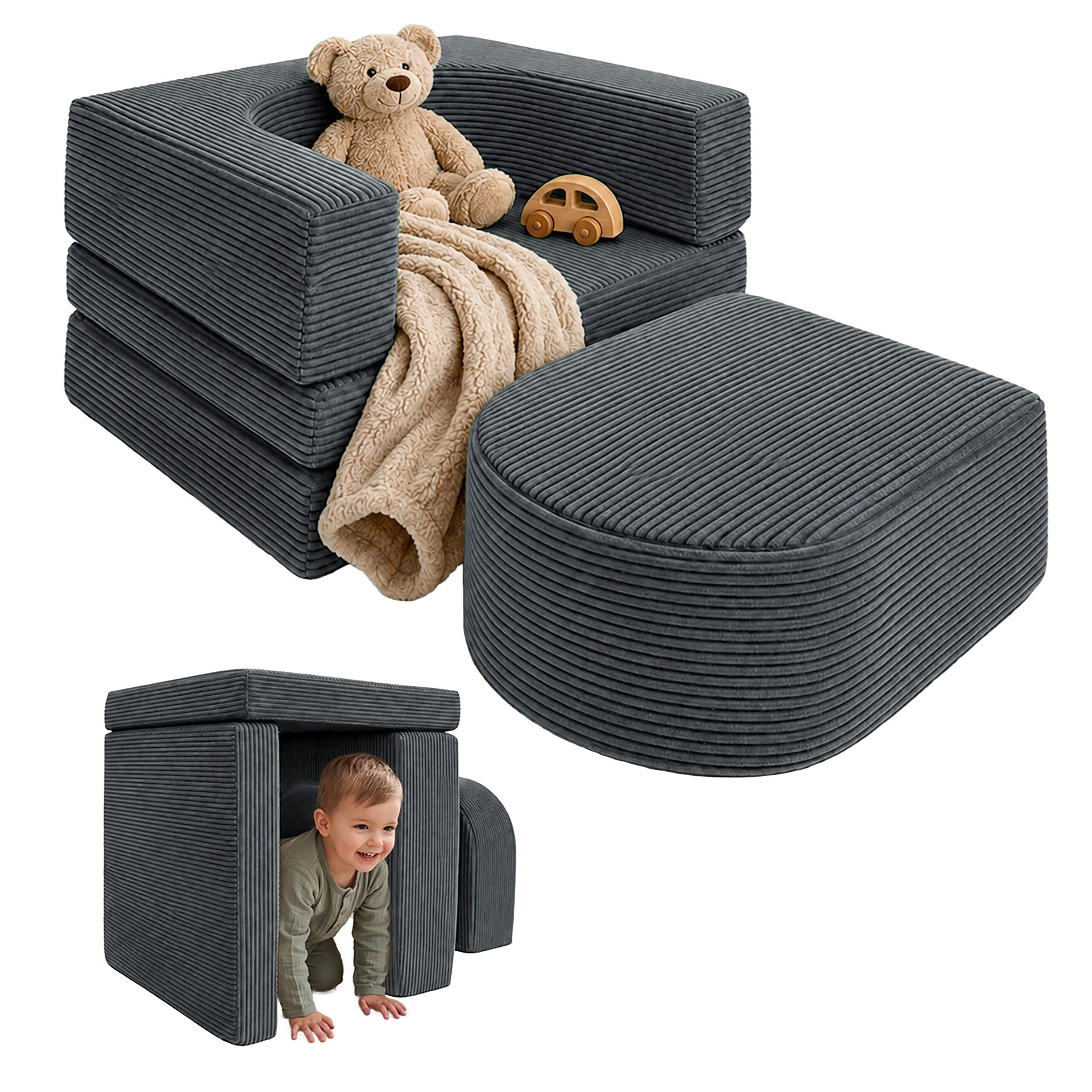 relaxdays Kindersitzgruppe 4-tlg. Kindersessel modular, (4-tlg), Anthrazit