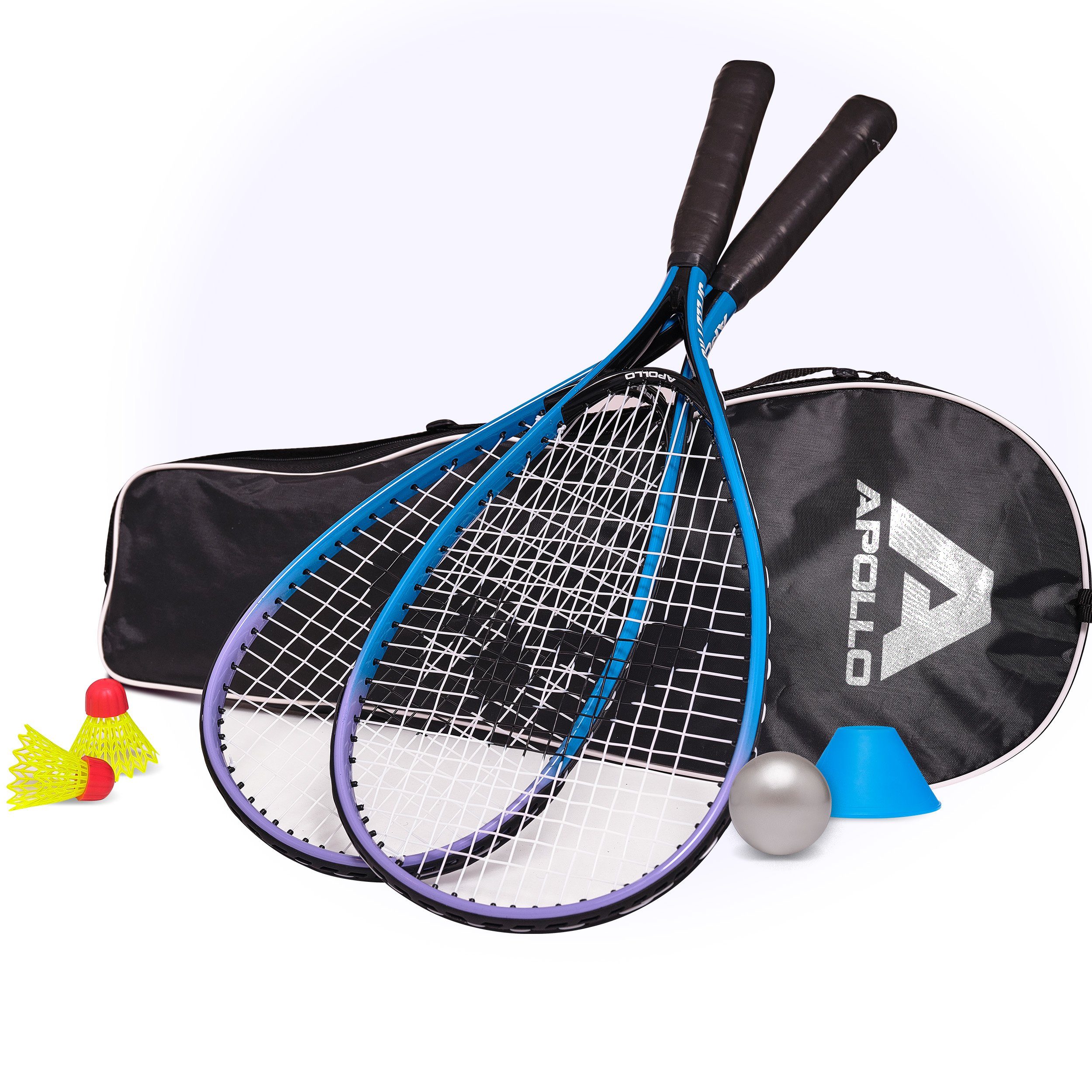 Apollo Speed-Badmintonschläger Federbällen, Schläger Kinder Badminton inkl. Hütchen), Schaumball inkl. Tragetasche, Federbällen, und Speed Tragetasche, Pro, Hütchen Blau/Lila Schaumball Set (Set, und